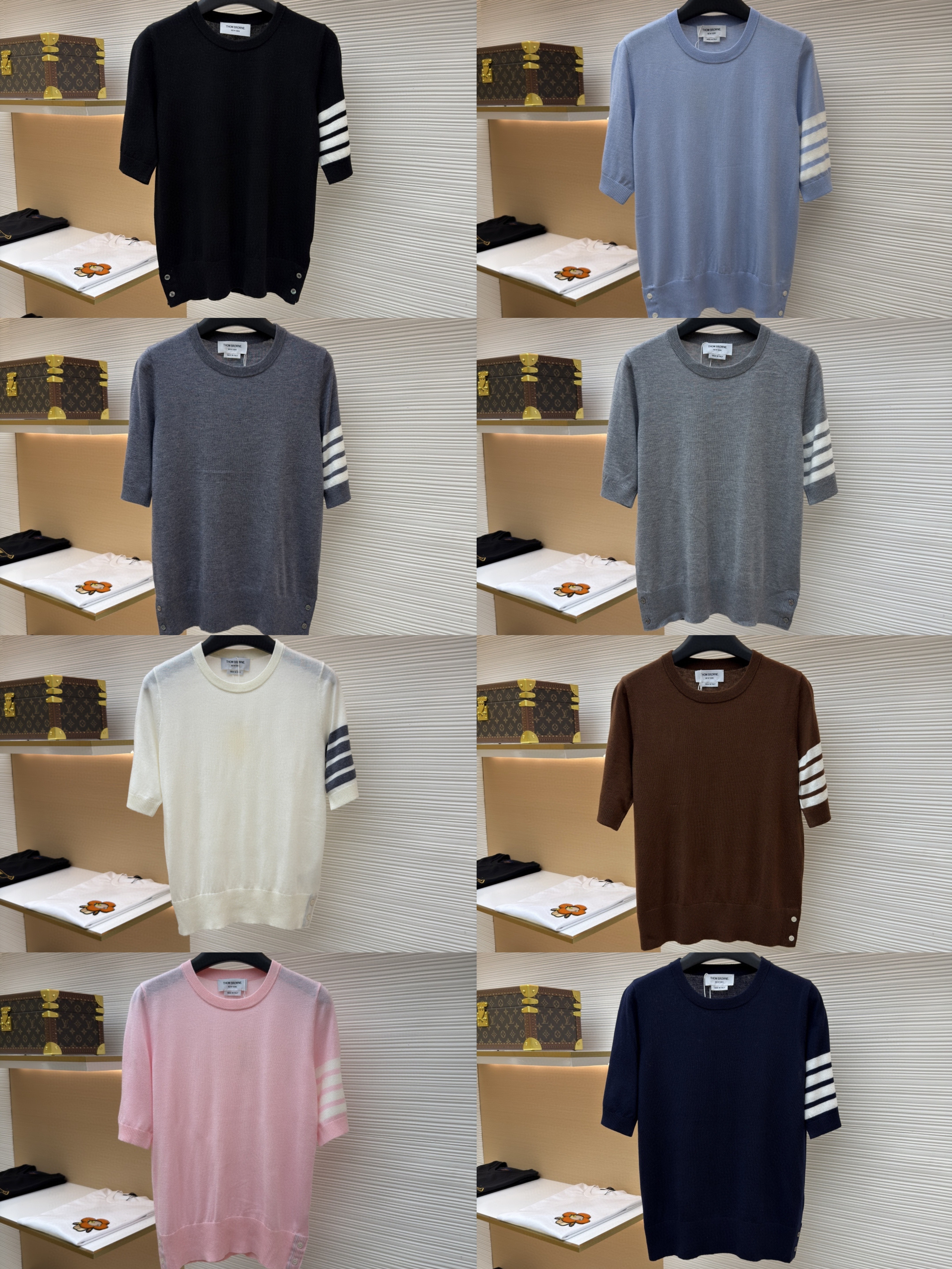 THOM BROWNE 经典针织圆领短袖 T恤 女款 黑色 深灰色 白色 粉色 蓝色 浅灰色 棕色 藏蓝色 A5