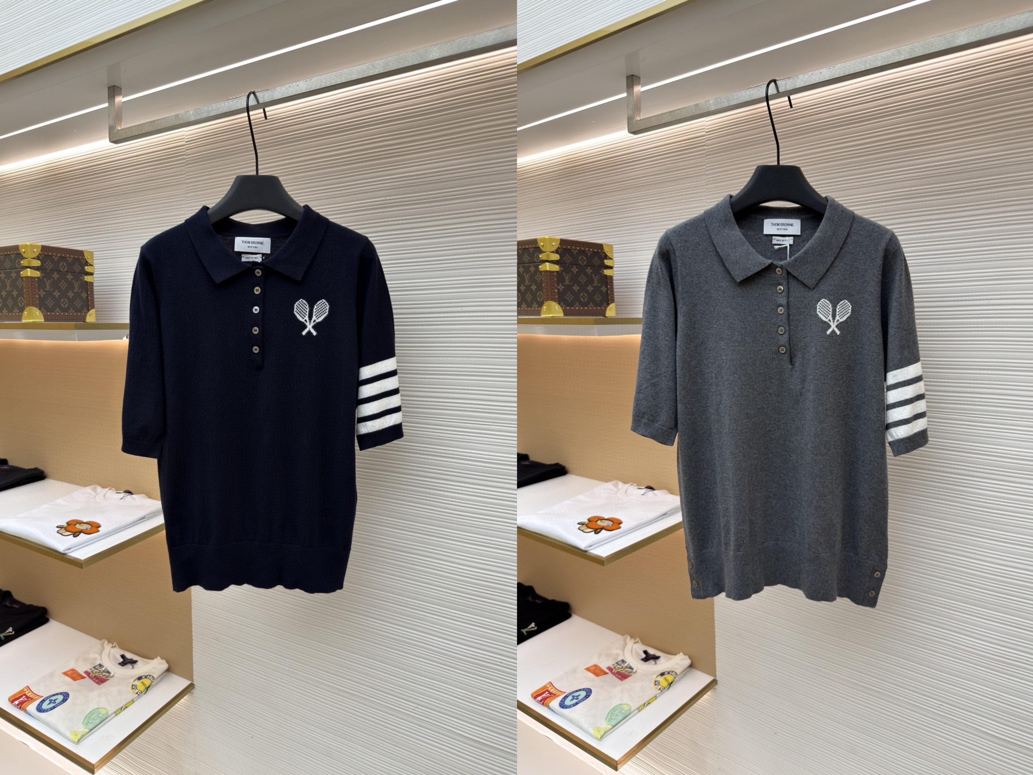 THOM BROWNE 网球拍针织Polo衫 短袖 女款 藏蓝 灰色 A5