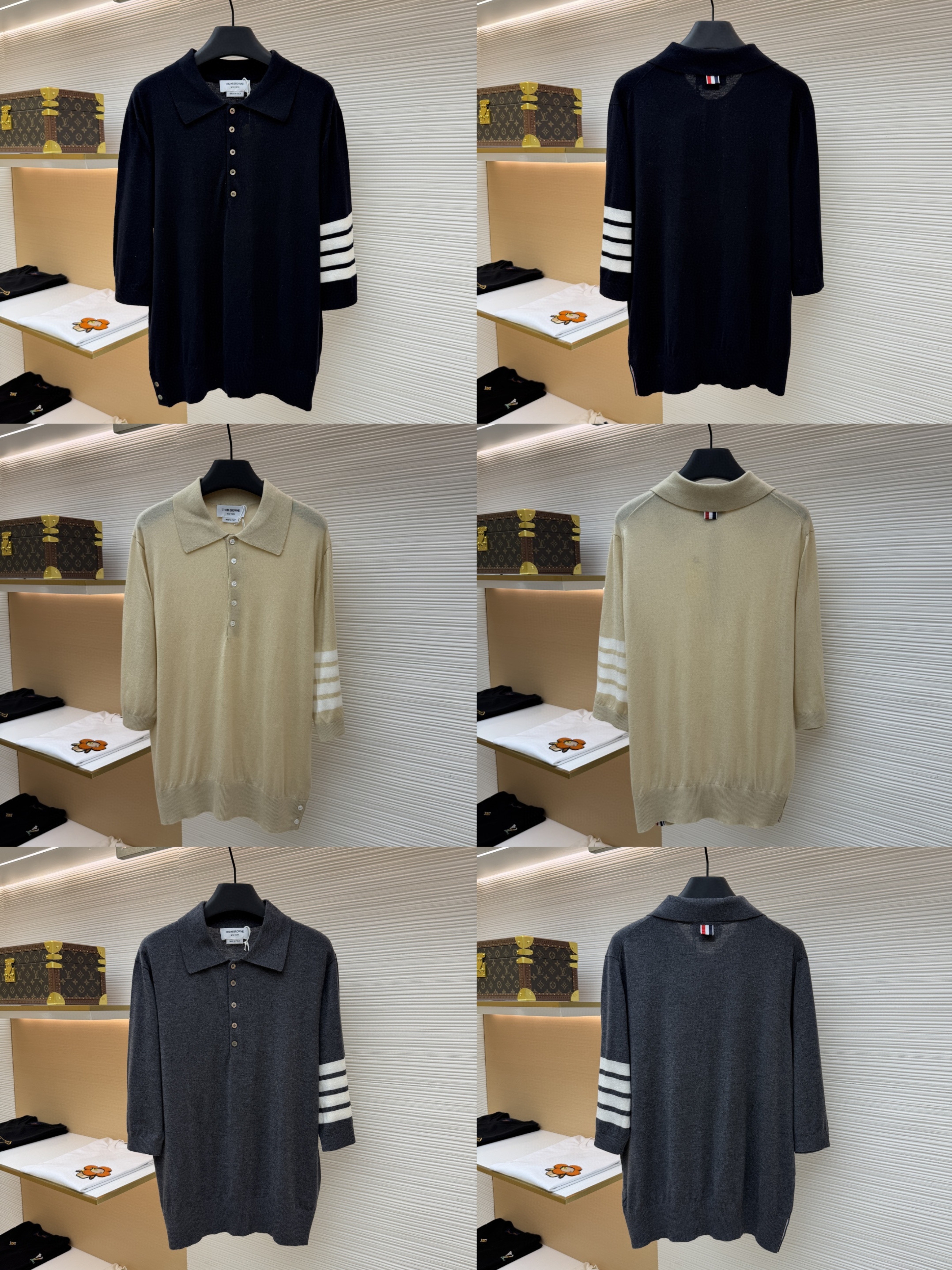 THOM BROWNE 羊毛针织七分袖Polo衫 短袖 女款 藏蓝色 杏色 灰色 B0 FKP053A-Y1014-415