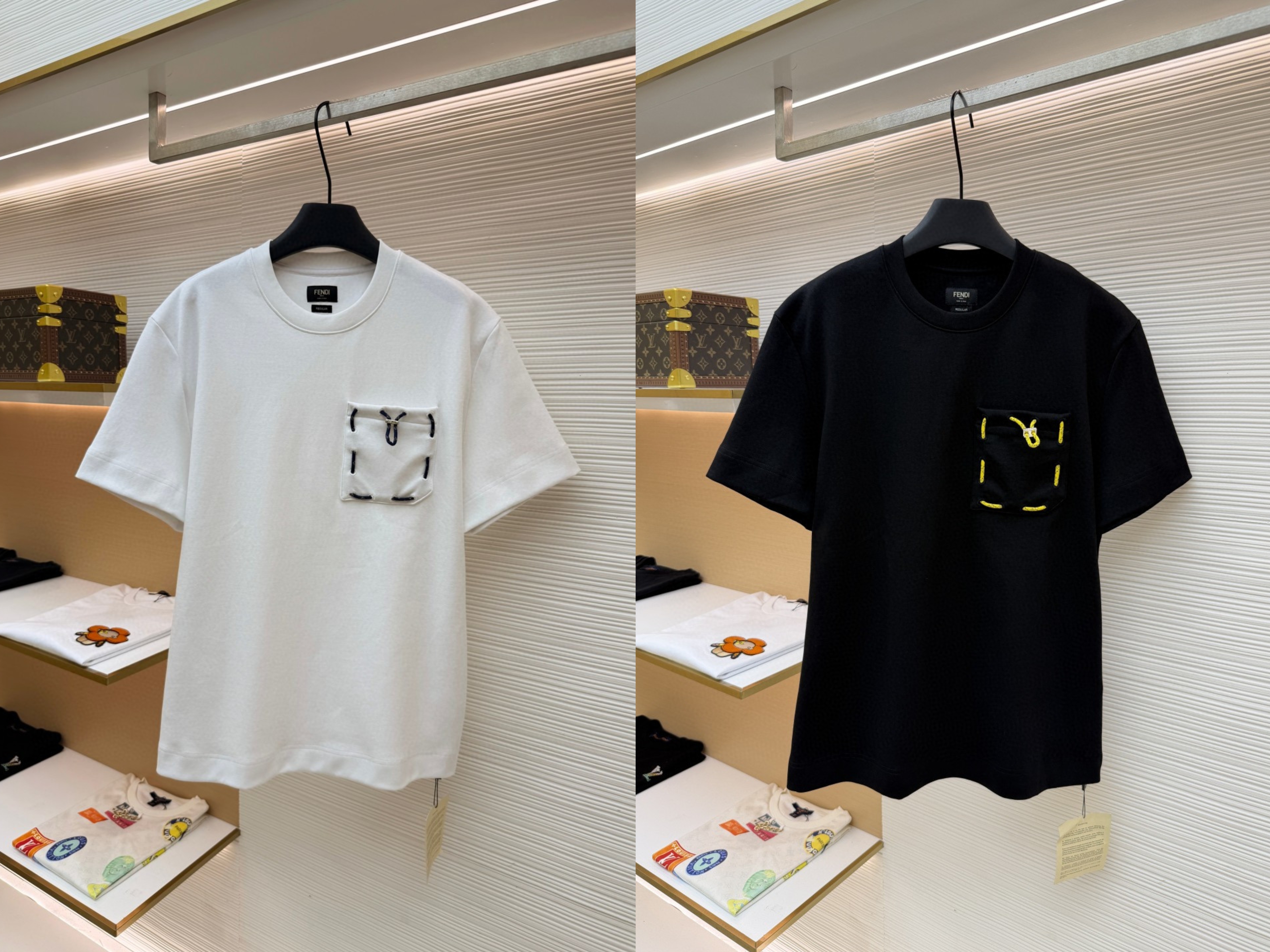 FENDI 芬迪 缎带口袋圆领短袖 T恤 夏款 白色 黑色 A0 FY0936AYXYF0QA0