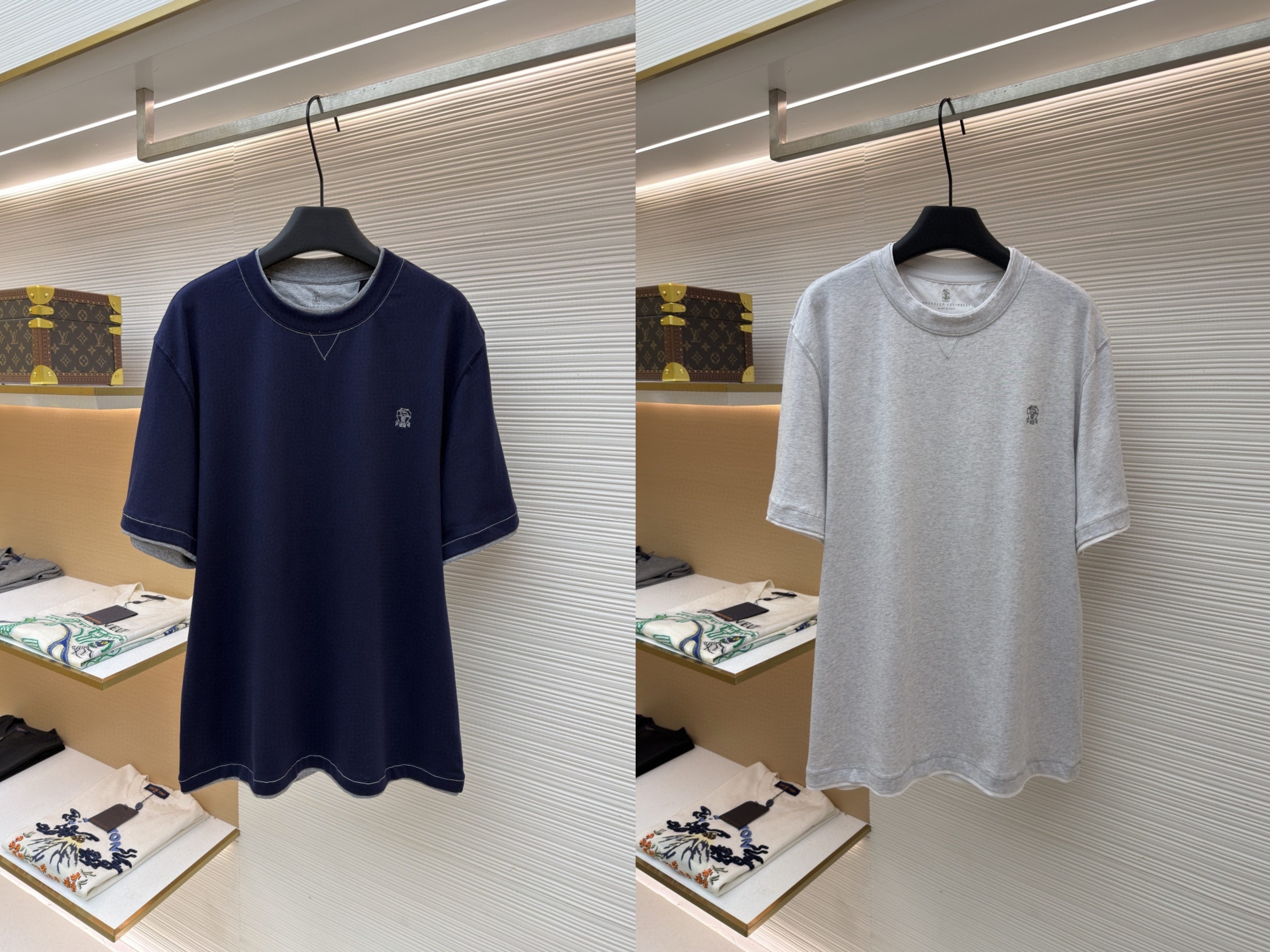 Brunello Cucinelli BC 刺绣饰章叠层圆领短袖 T恤 蓝色 灰色 A0 M0B137451G-CD325