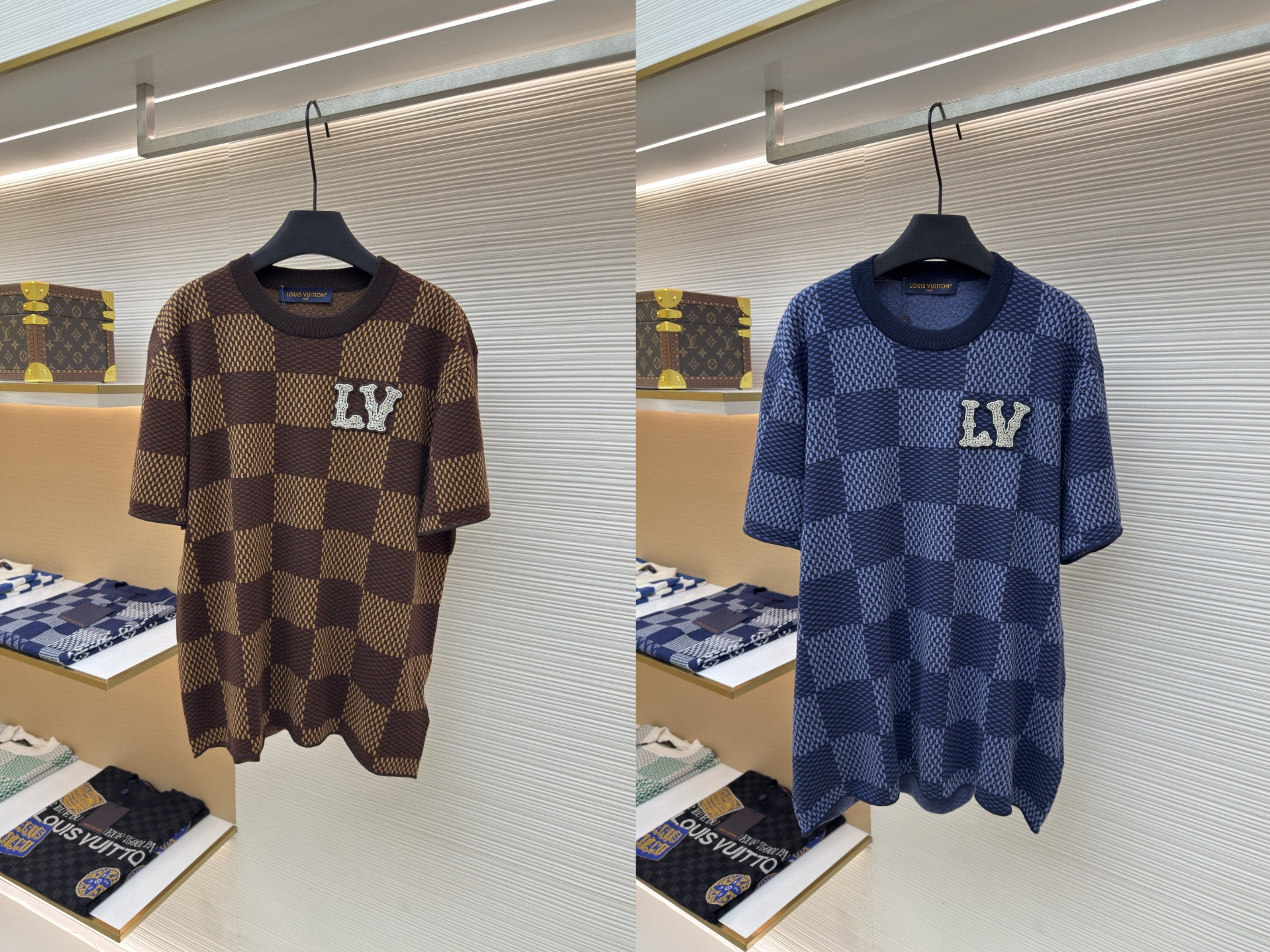 LOUIS VUITTON 路易威登 棋盘格 格纹钉珠针织衫短袖 T恤 棕色 蓝色 B0 1AFIUP