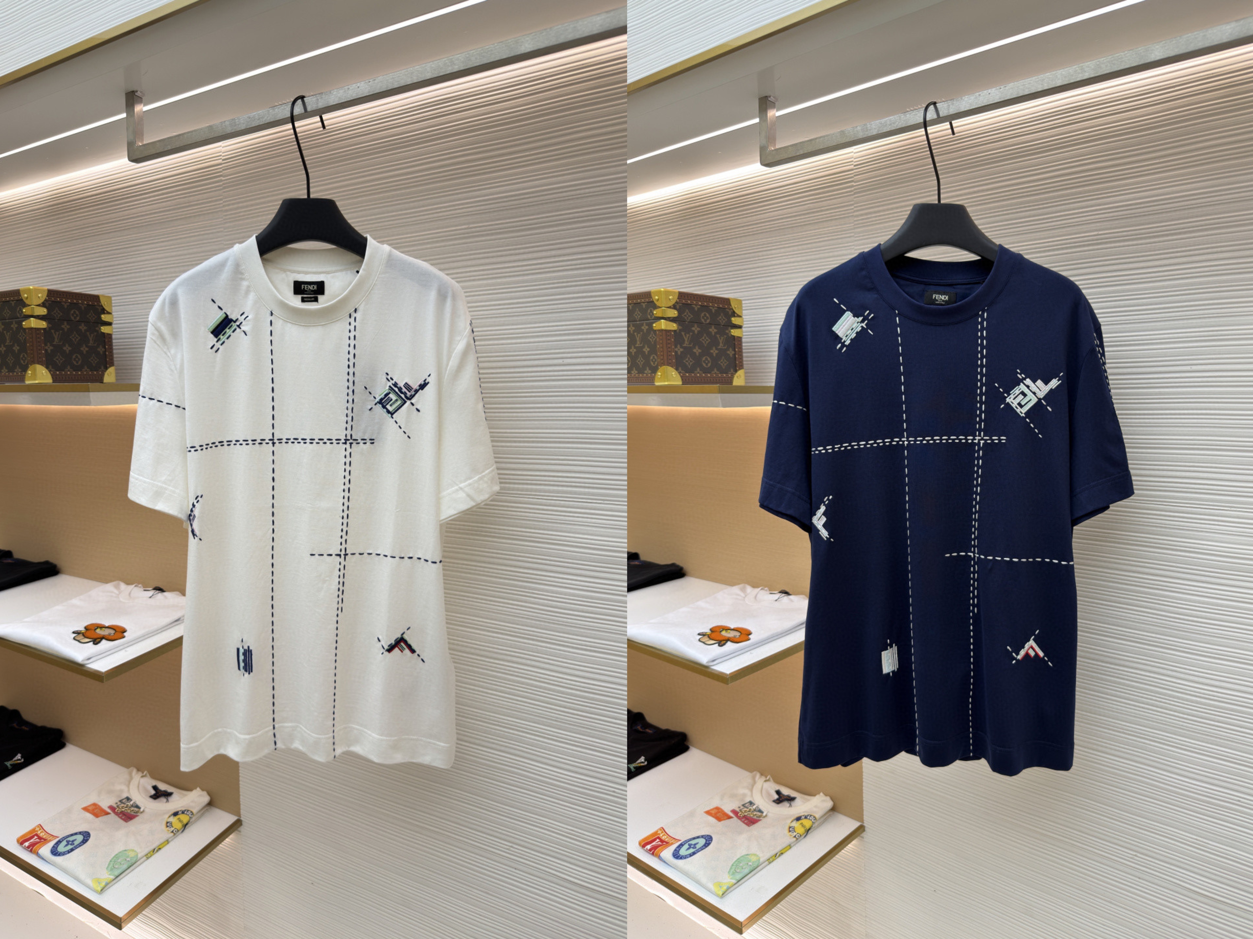 FENDI 芬迪 裁线刺绣圆领短袖 T恤 夏款 白色 黑藏蓝色 A2 FY0936B05OF0H0G