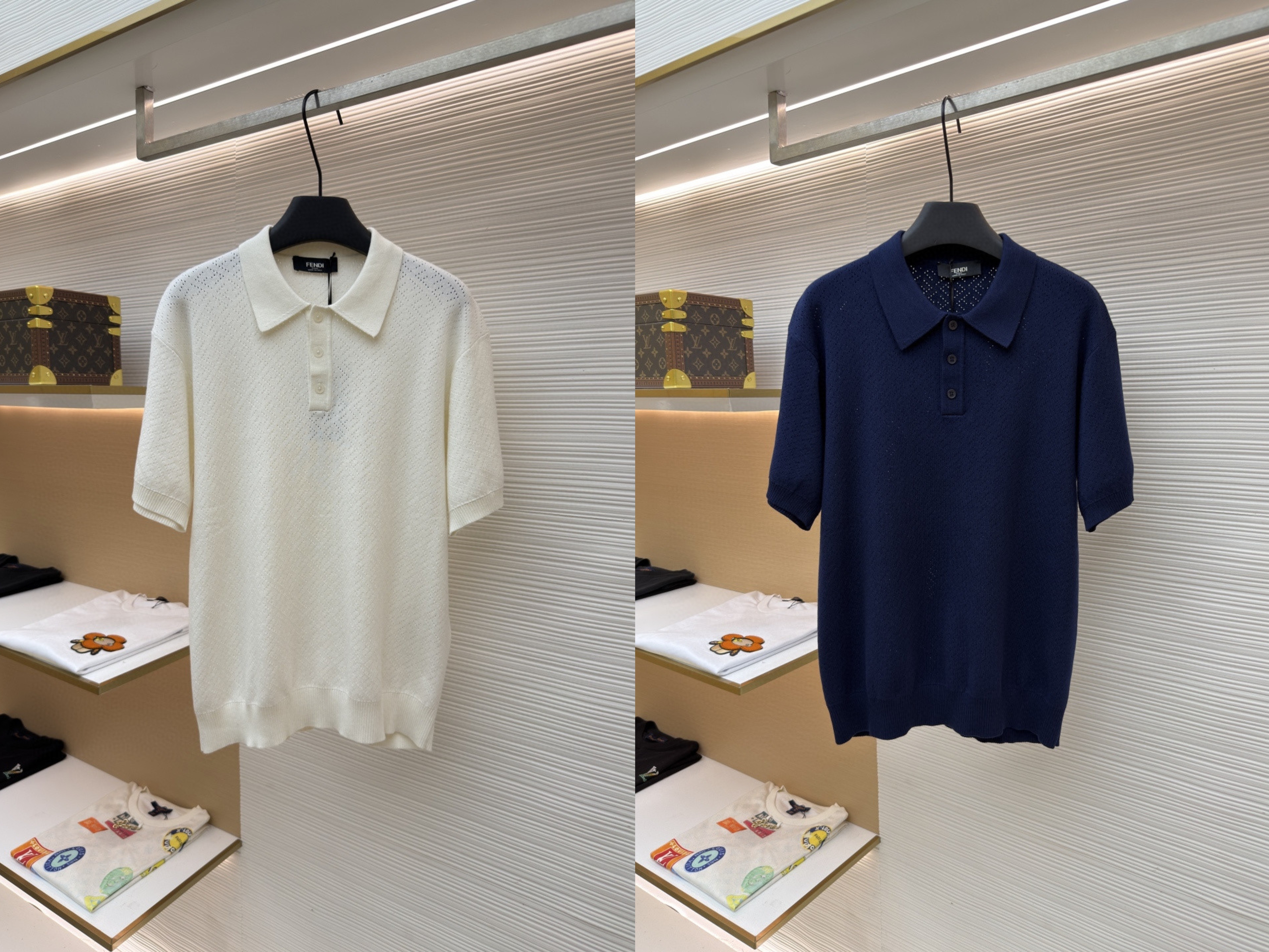 FENDI 芬迪 老钱风镂空针织Polo衫 针织衫 短袖 白色 藏蓝色 B0 FZC162B04UF0QA2