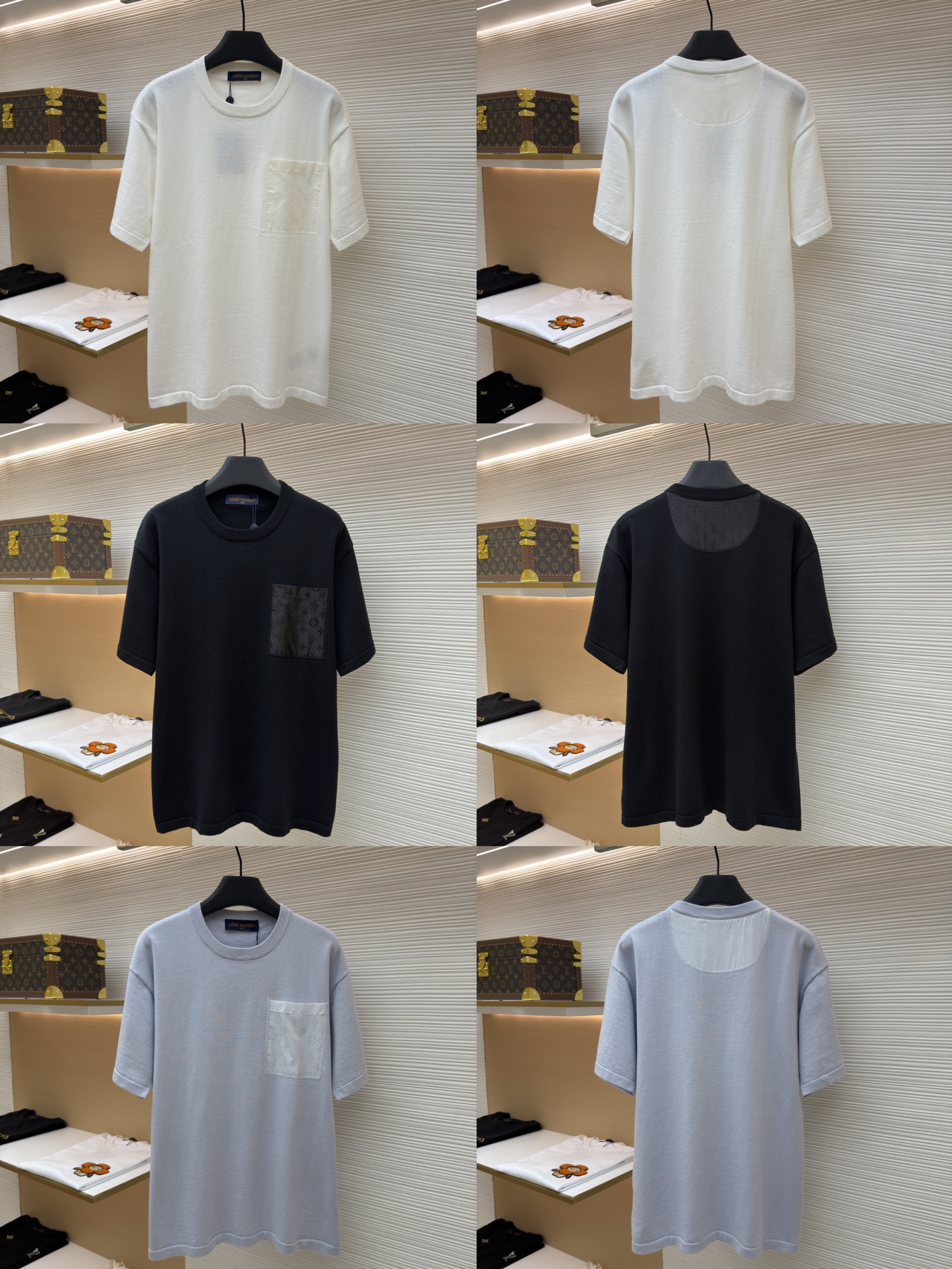 LOUIS VUITTON 路易威登 LV 纯色锦纶嵌饰针织圆领短袖 夏款 白色 黑色 蓝色 B0 1AHVQ0