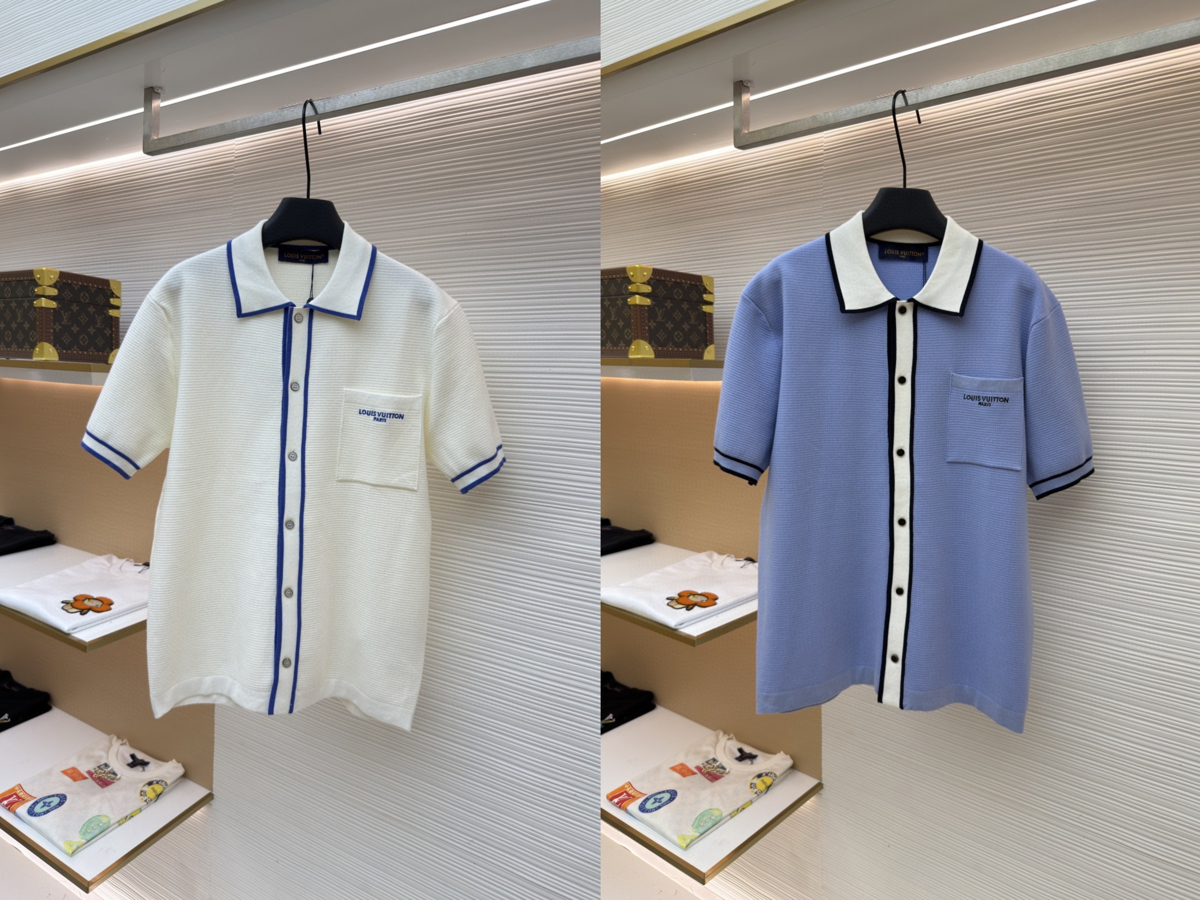 LOUIS VUITTON 路易威登 LV 口袋字母拼色针织衬衫 短袖 夏款 白色 蓝色 B0 1AK6X1
