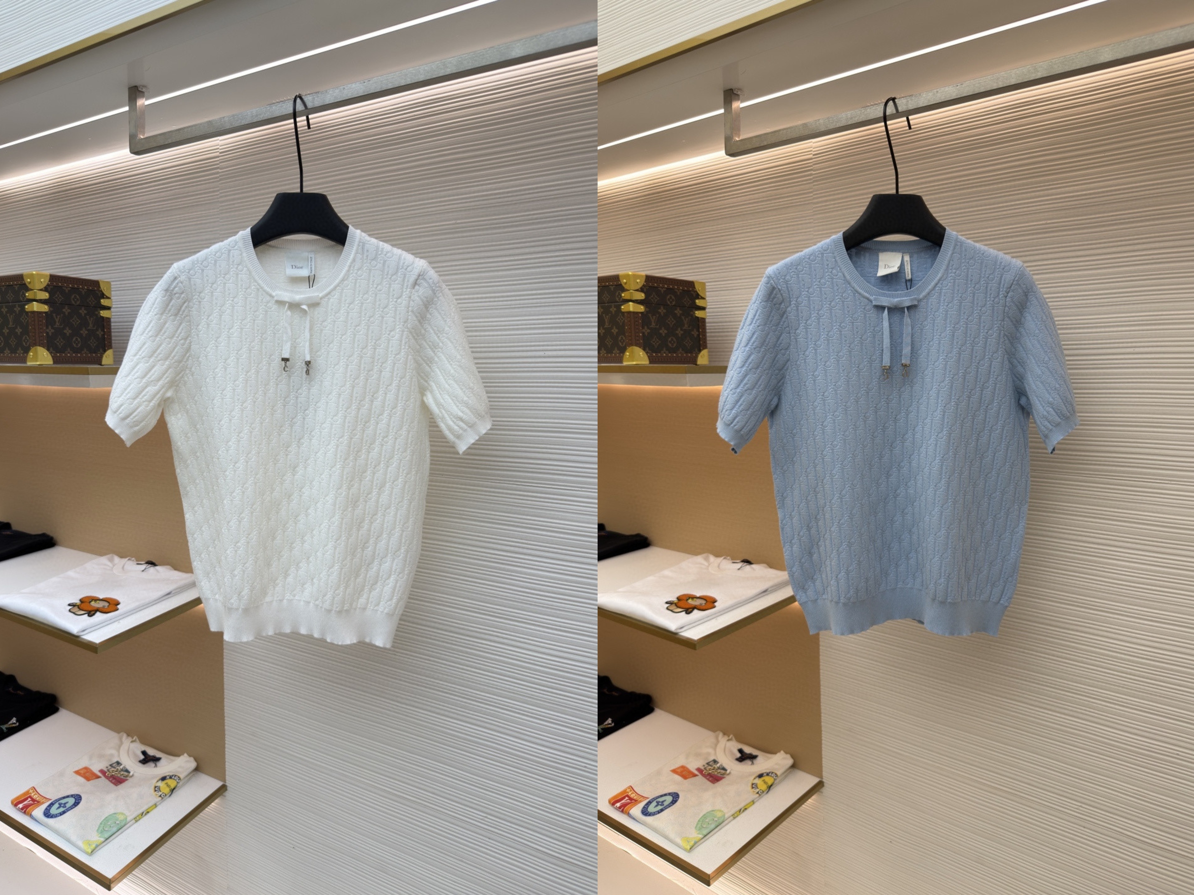 DIOR 迪奥 满印挂饰针织毛衣圆领短袖 T恤 夏季 女款 白色 蓝色 B0 624S24A5E33-X0400