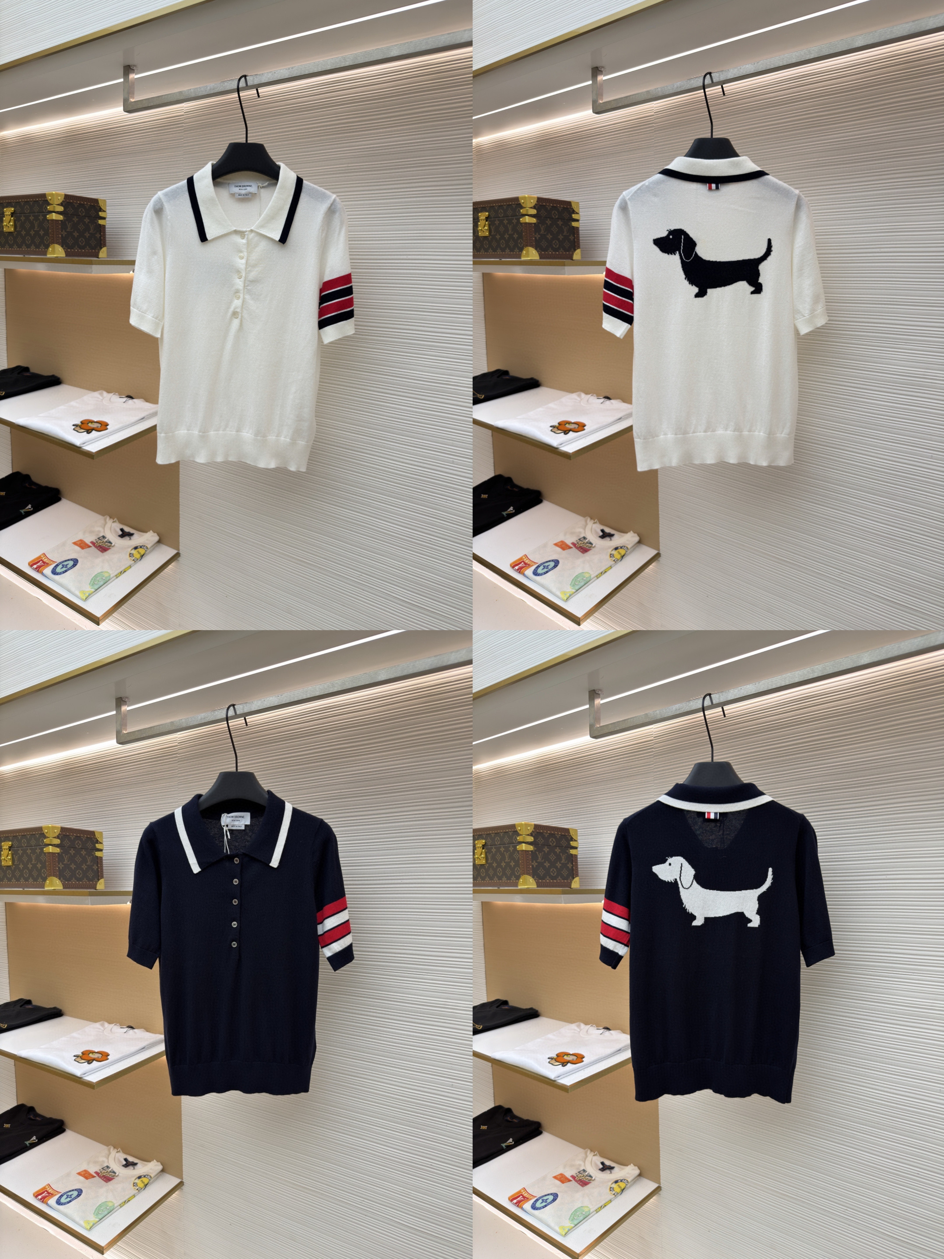 THOM BROWNE 背后小狗针织Polo衫 短袖 女款 白色 藏蓝色 B0 FKP137BY3036-100