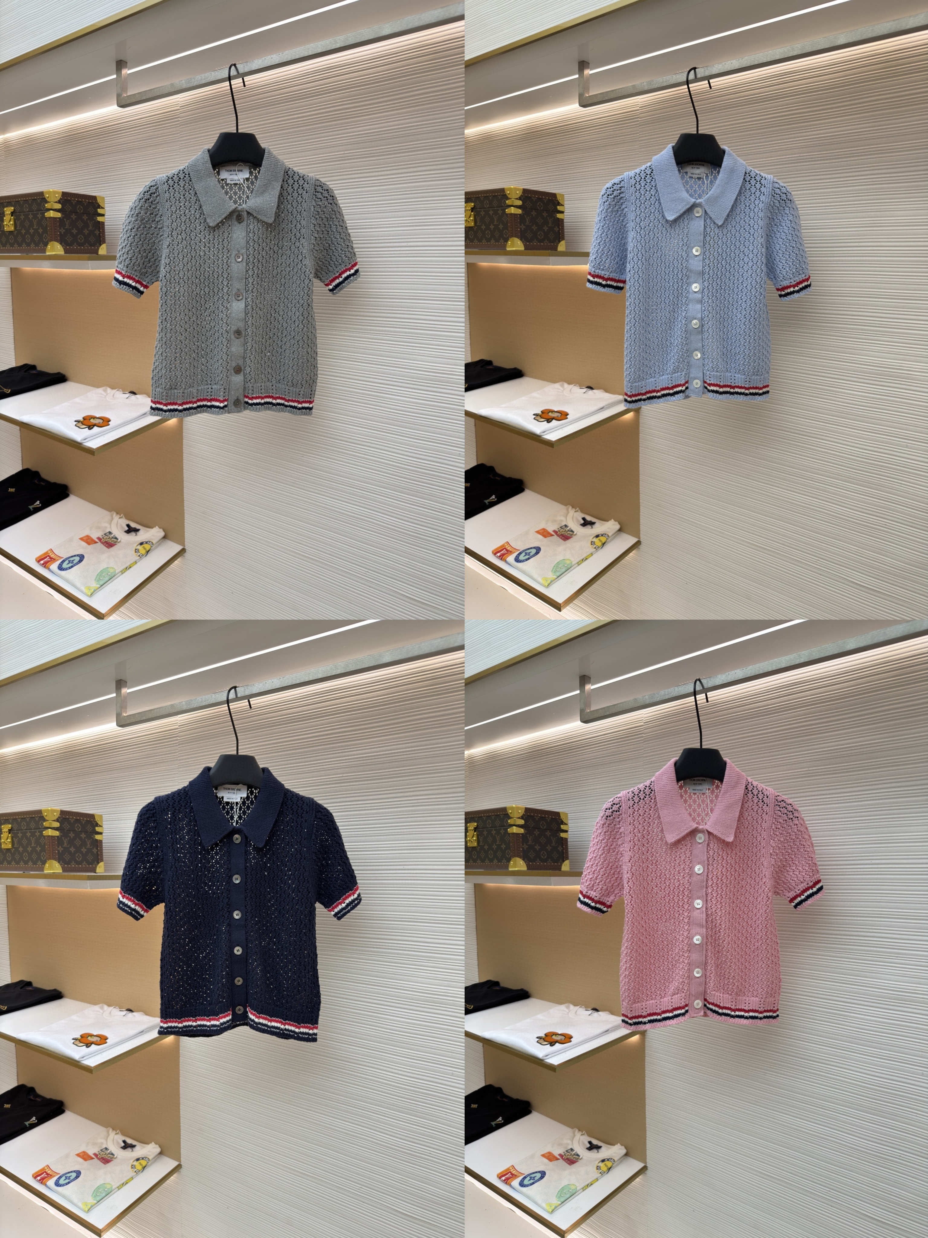 THOM BROWNE 条纹镂空针织衫 开衫 短袖 女款 灰色 蓝色 藏蓝色 粉色 B0 FKC694A-Y3062-065