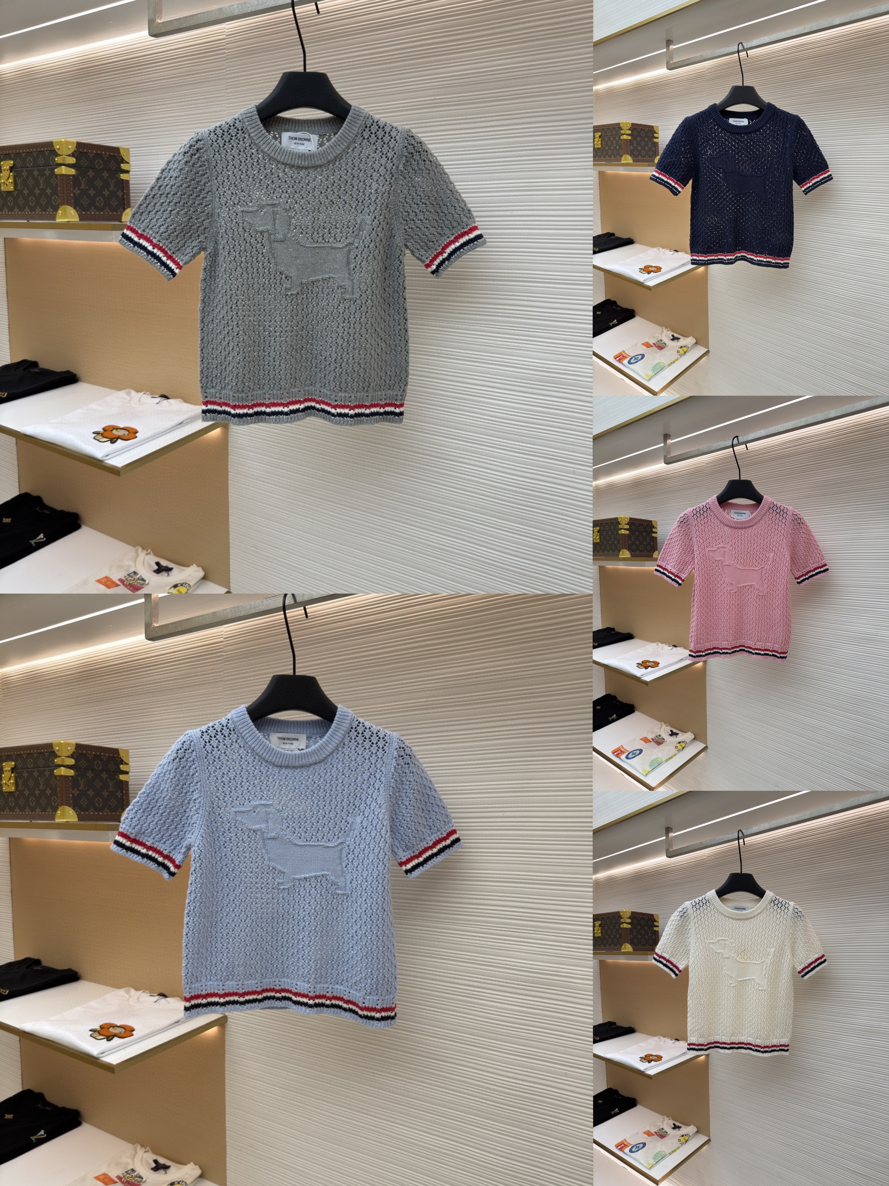 THOM BROWNE 条纹镂空圆领针织衫 短袖 T恤 灰色 蓝色 藏蓝色 粉色 白色 A7 FKA511A-Y306-2472