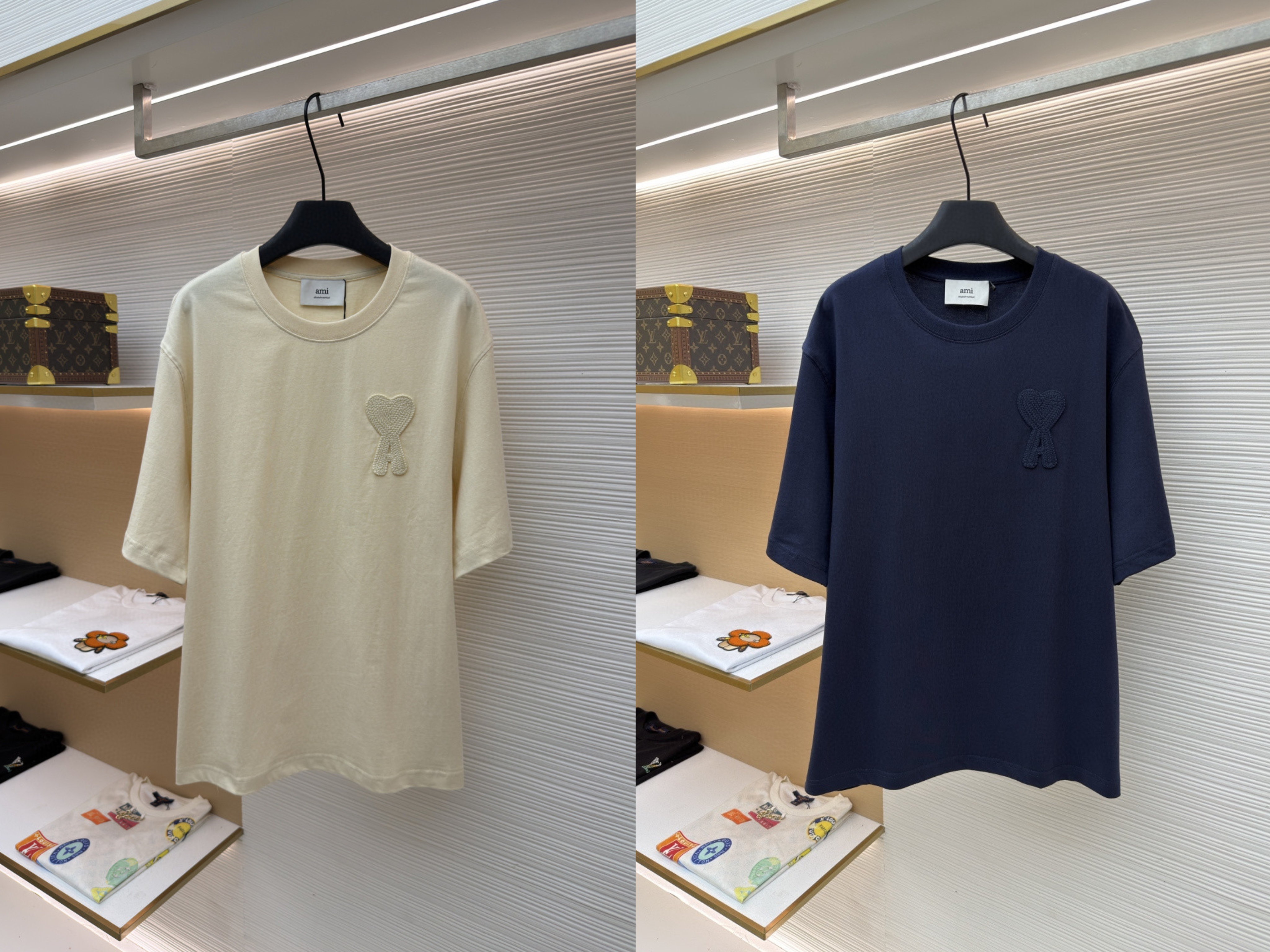 AMIPARIS Ami 钩针编织爱心圆领短袖 T恤 夏季 杏色 藏蓝色 A0 HTS065726-136