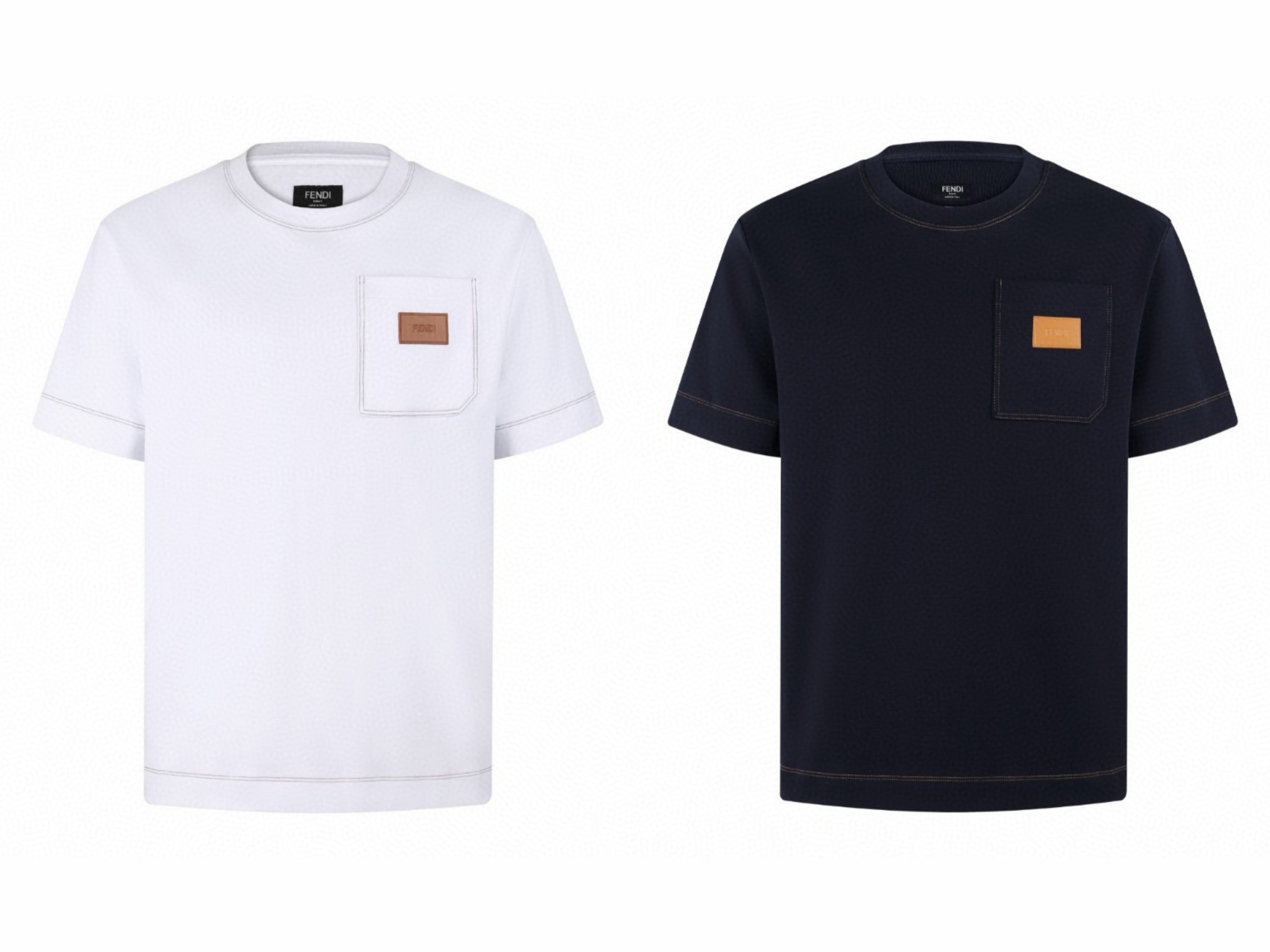 FENDI 芬迪 口袋皮标装饰圆领短袖 T恤 夏季 白色 藏蓝色 A2 FY0936B05IF0QG0