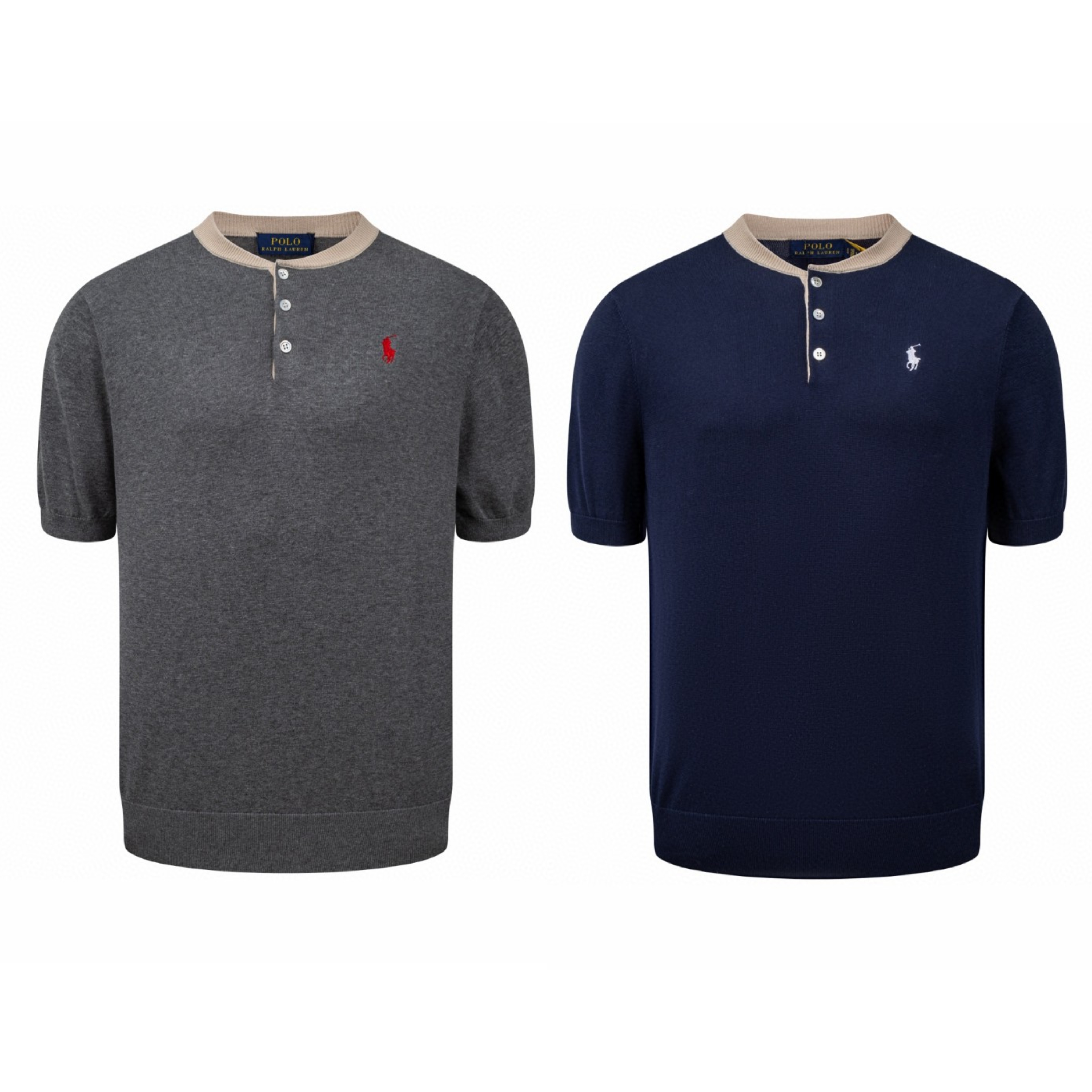 Ralph Lauren 拉夫劳伦 拼色亨利领标识刺绣针织衫 短袖 灰色 蓝色 B0 