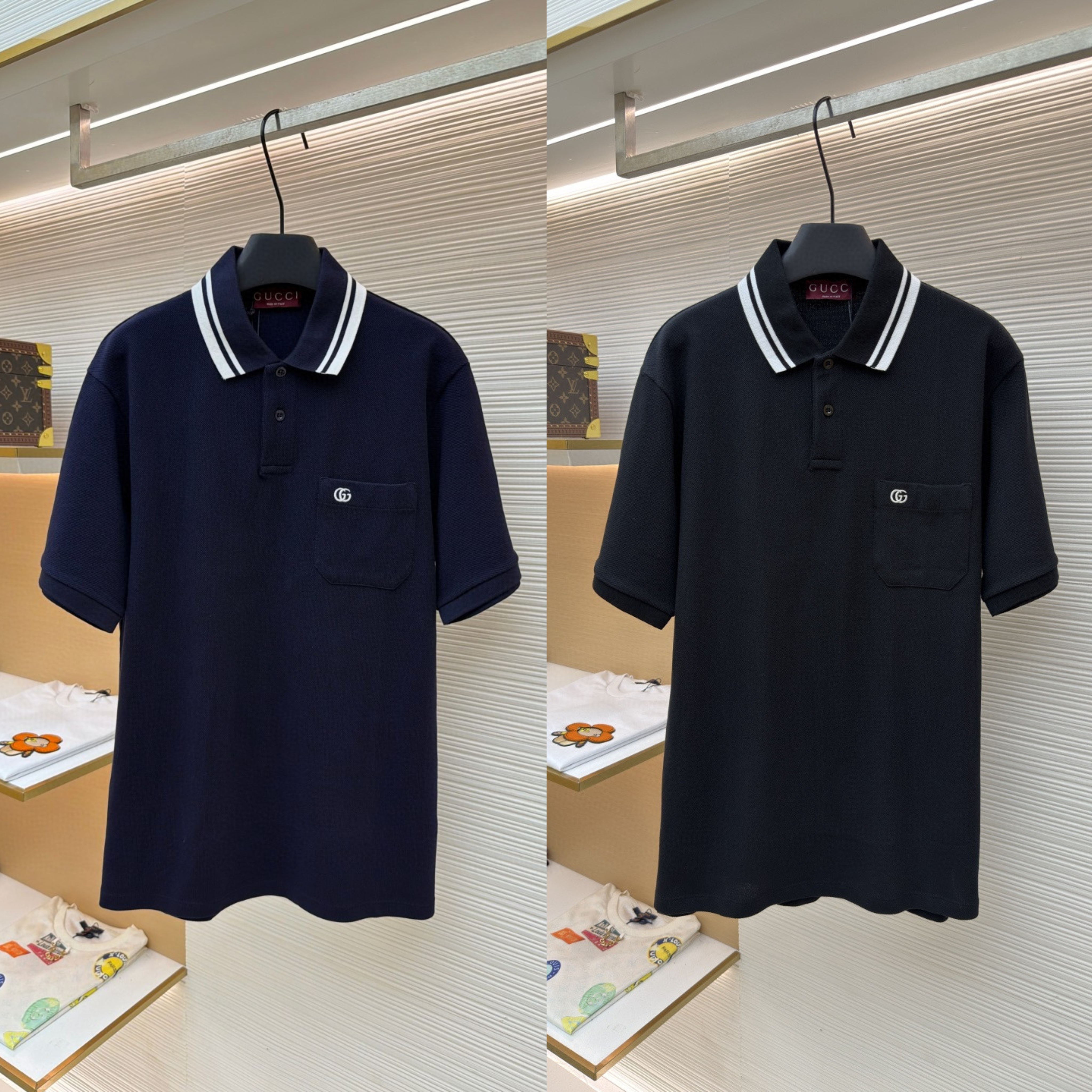 GUCCI 古驰 口袋双G针织POLO衫 T恤 夏季 短袖 蓝色 黑色 A2 795174XJG164003
