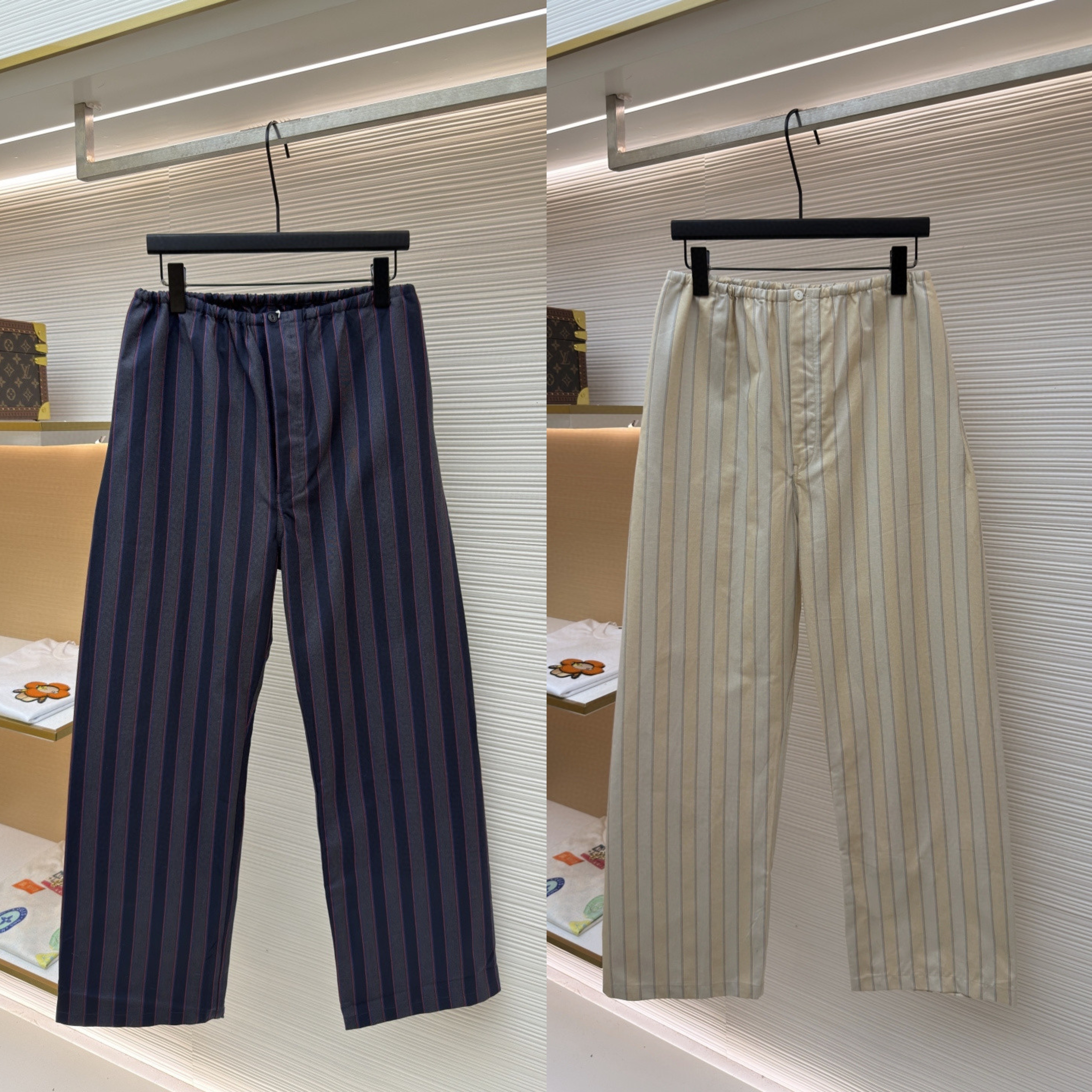 Maison Margiela 马吉拉条纹松紧腰直筒休闲裤 长裤 裤子 蓝灰色 奶杏色 B0 S50KA0713M35725