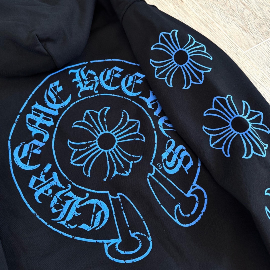 925纯银 Chrome Hearts 克罗心 经典马蹄花臂内里抓绒拉链卫衣 外套 长袖 中古蓝色 破裂 马蹄