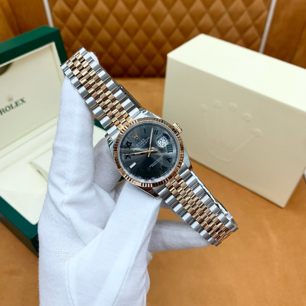 36 ROLEX 勞力士 日志型系列  自動機械機芯100米防水 男女表 36mm 蚝式鋼表殼 蚝式鋼表帶 间金灰盘 玫瑰金  M126231-0029