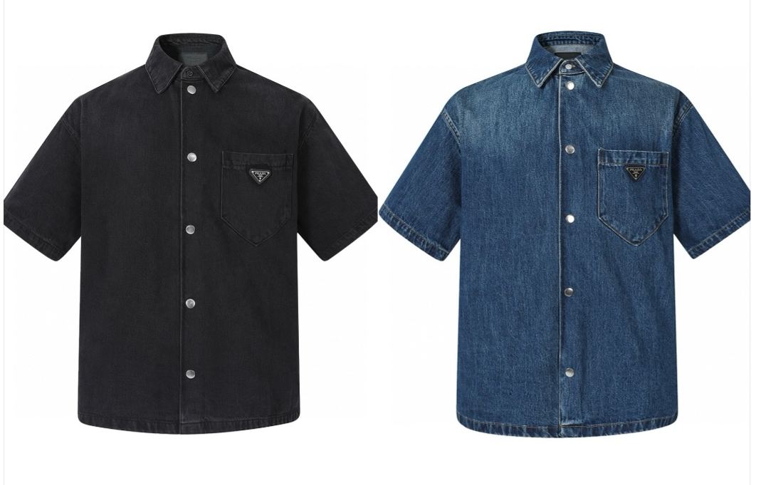 PRADA 普拉达 三角标牛仔衬衫 休闲夏季 短袖 T恤 黑色 蓝色B0 GEC067-12K8-F0557-S-212