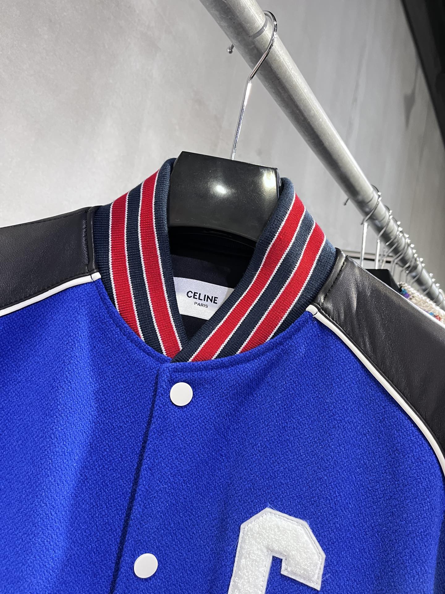  CELINE 赛琳 SS23 大C字母 Logo 学院风 棒球服  宽松 长袖 外套 羊毛 牛皮 皮衣 钴蓝色 2V56D896C-07CO