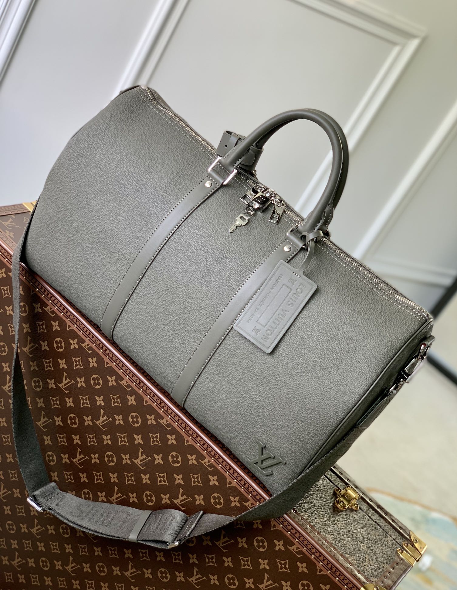  原厂皮 LOUIS VUITTON LV keepall 50  可调节 旅行包 手提包 单肩包 斜挎包  黑色 蓝色 米黄 灰绿 M21420 M22609 