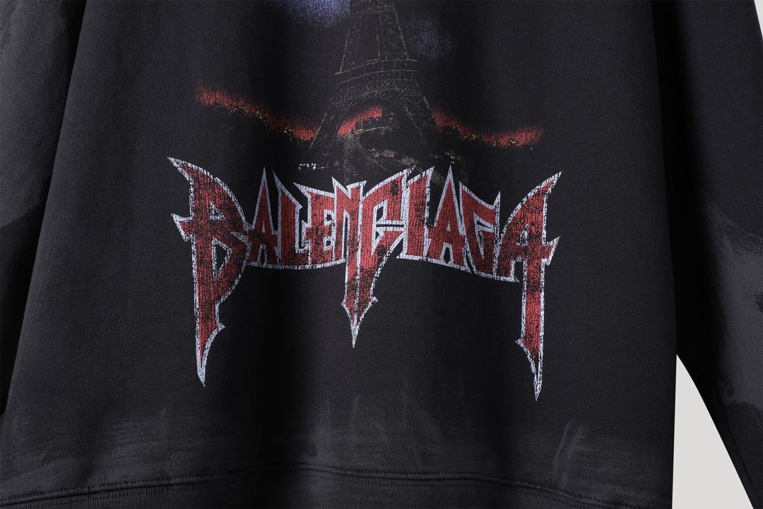  Balenciaga 巴黎世家 巴黎铁塔 印花 连帽 卫衣帽衫 套头 长袖 秋冬保暖 男女同款  黑色 744462TOVE31055