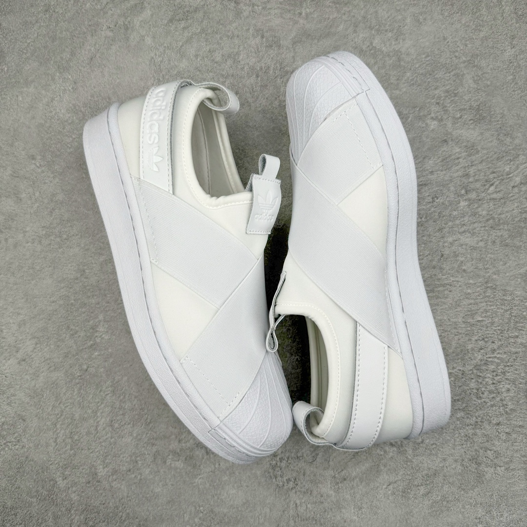  adidas Superstar Slip-On Shoes 交叉绑带 一脚蹬  平底鞋 低筒 复古板鞋 休闲鞋 男鞋 女鞋 波鞋  纯白 FW7052