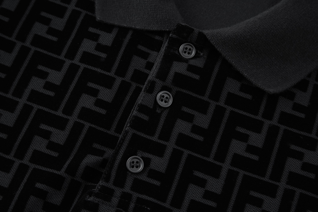 FENDI 芬迪 植绒字母暗纹满印polo衫 T恤 短袖 上衣 夏款 黑色 FY0985A7D5F0ABB