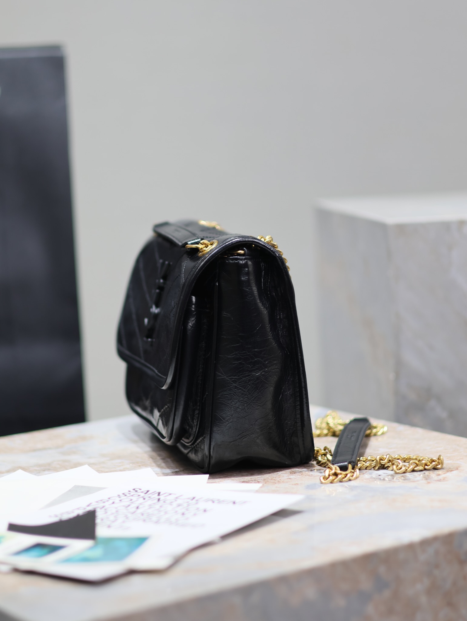 （黑标/金链） SAINT LAURENT 圣罗兰 YSL Niki Baby 复古褶皱 牛皮 流浪包斜挎包 单肩包 中号/小号 女款 黑色 633158/633160