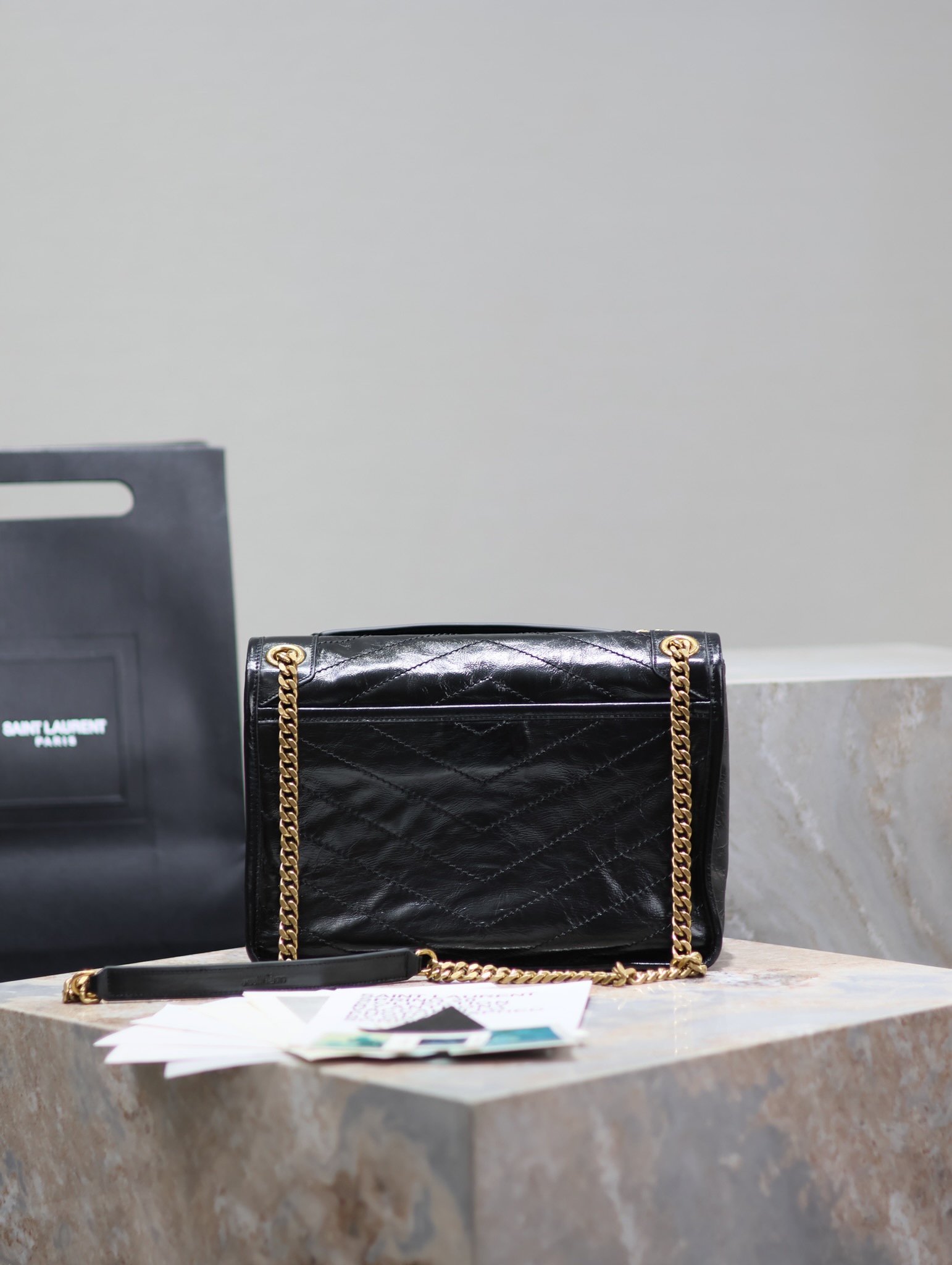 （黑标/金链） SAINT LAURENT 圣罗兰 YSL Niki Baby 复古褶皱 牛皮 流浪包斜挎包 单肩包 中号/小号 女款 黑色 633158/633160