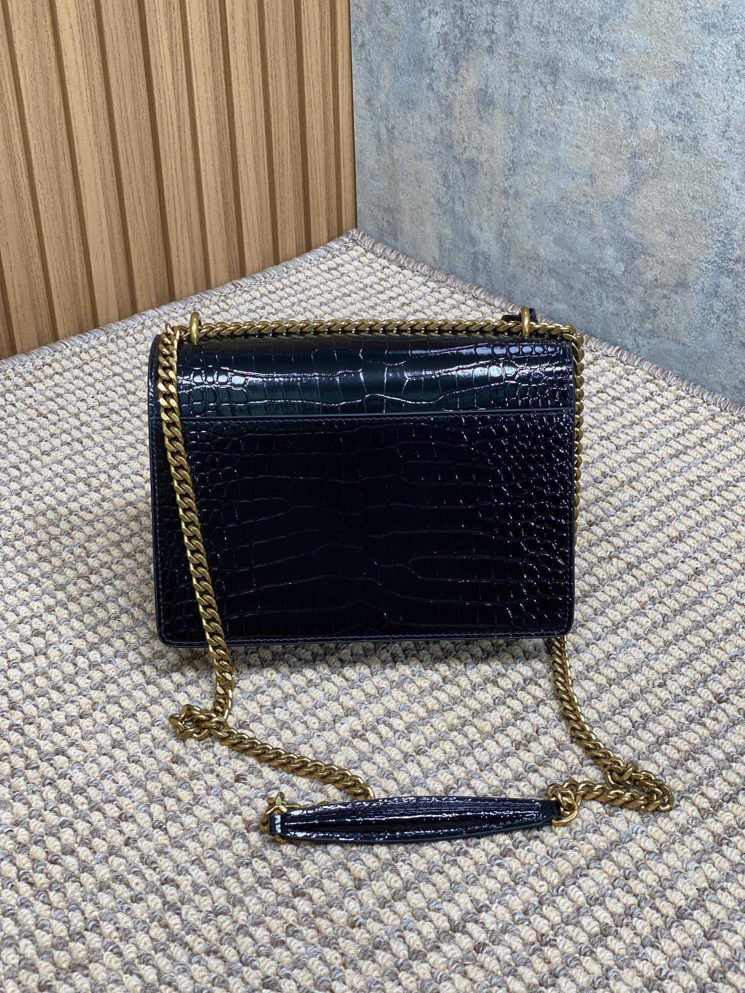  SAINT LAURENT 圣罗兰 YSL Sunset 日落 牛皮 流浪包 斜挎包 单肩包 女款 鳄鱼纹 中号 黑色金标 442906-DND0J-1000