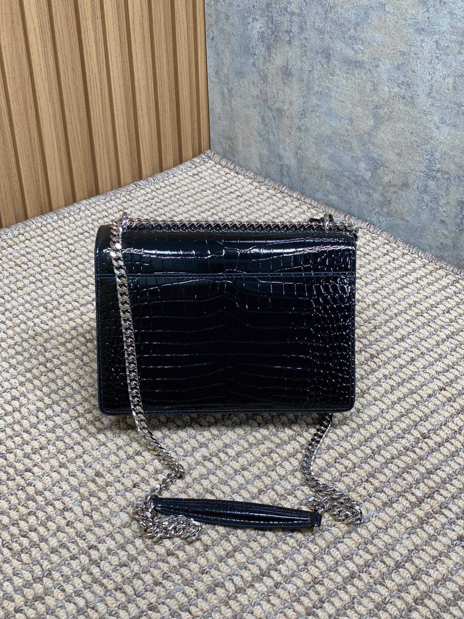  SAINT LAURENT 圣罗兰 YSL Sunset 日落 牛皮 流浪包 斜挎包 单肩包 女款 鳄鱼纹 中号 黑色银标 442906-DND0N-1000