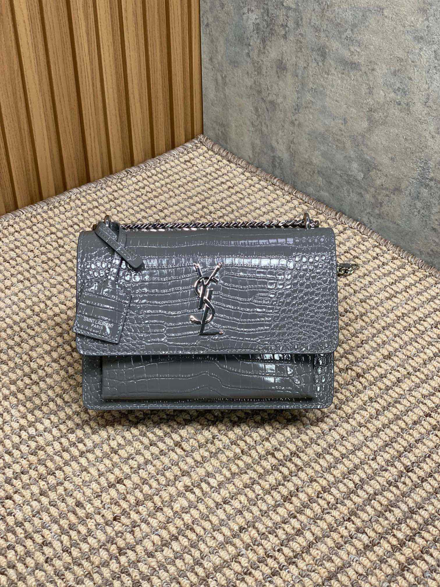SAINT LAURENT 圣罗兰 YSL Sunset 日落 牛皮 流浪包 斜挎包 单肩包 女款 鳄鱼纹 中号 灰色  442906