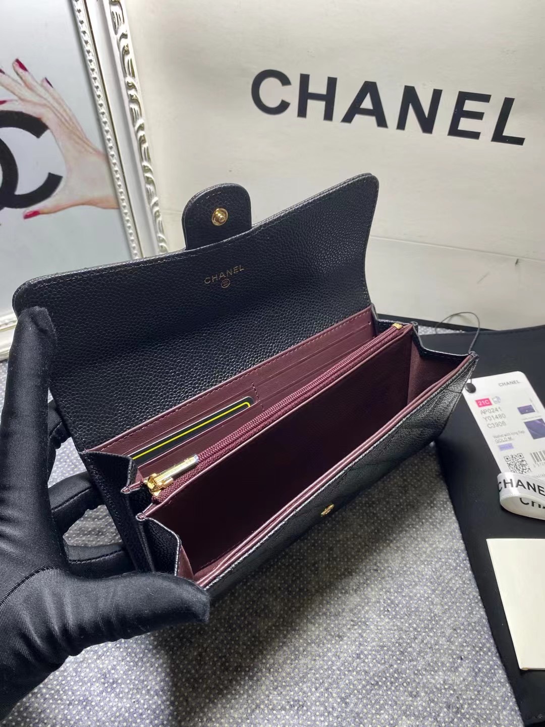CHANEL 香奈儿 经典长款 颗粒压花 金属 卡包 钱包 黑色  AP0241-Y01864-C3906