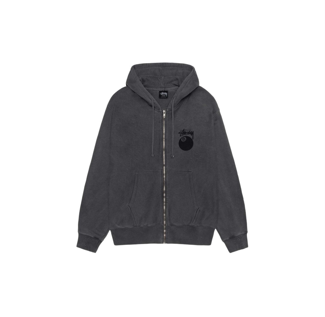  Stussy  SS24 斯图西  做旧 趣味黑8号 拉链 字母logo印花拉链连帽卫衣 长袖  