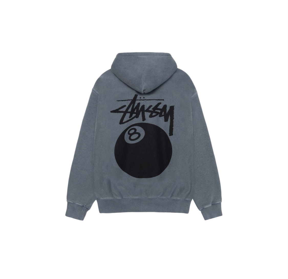  Stussy  SS24 斯图西  做旧 趣味黑8号 拉链 字母logo印花拉链连帽卫衣 长袖  