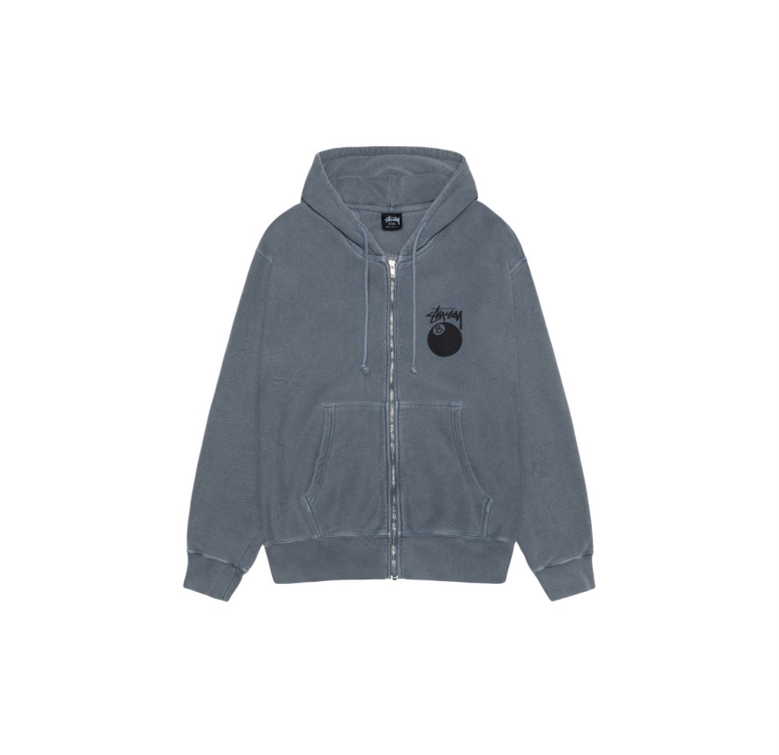  Stussy  SS24 斯图西  做旧 趣味黑8号 拉链 字母logo印花拉链连帽卫衣 长袖  