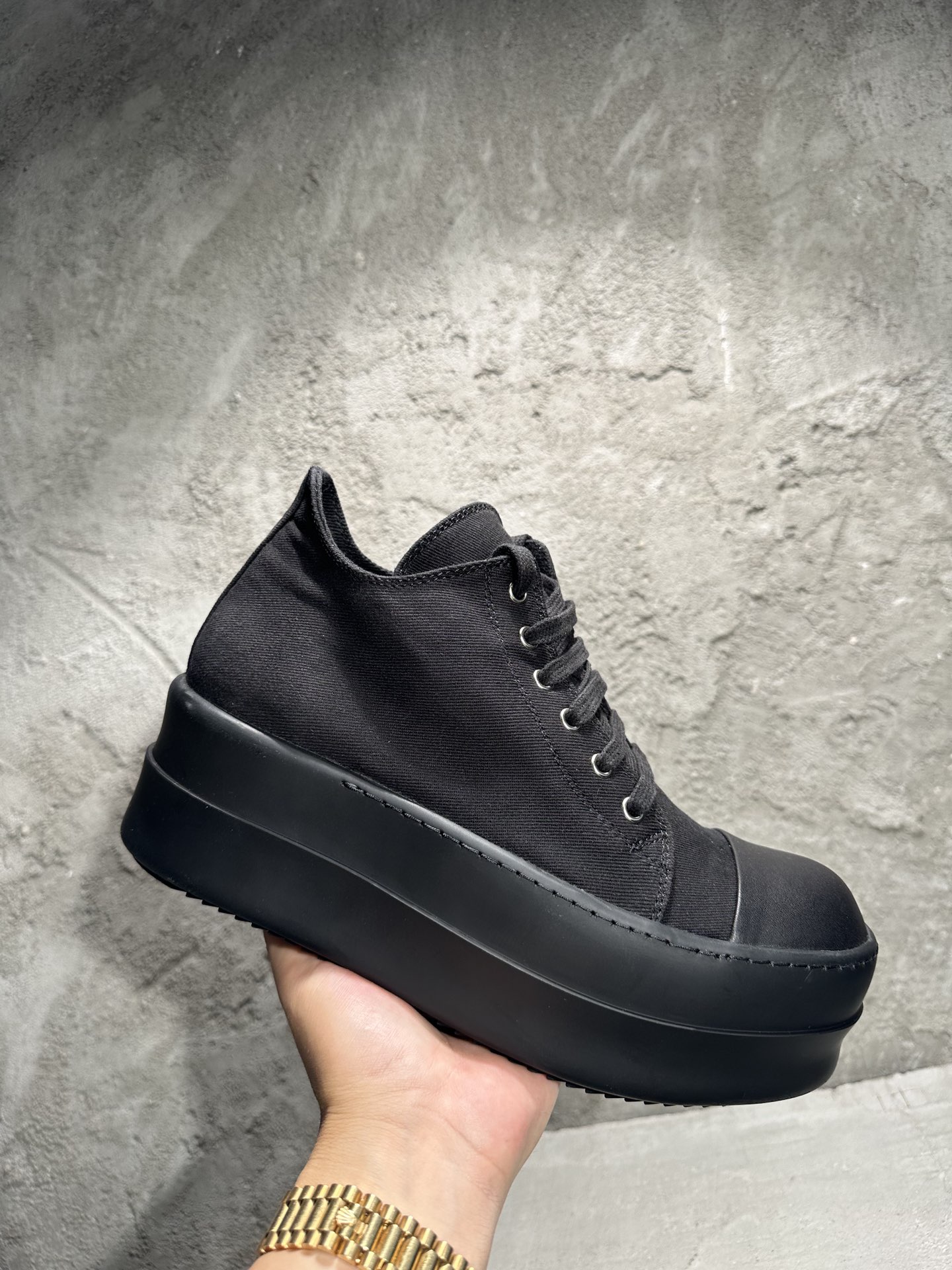 RICK OWENS RO High-Top Black 低筒 厚底 板鞋 休闲鞋 男鞋 女鞋 波鞋  帆布 黑色厚底 DU02D2832DO-999 