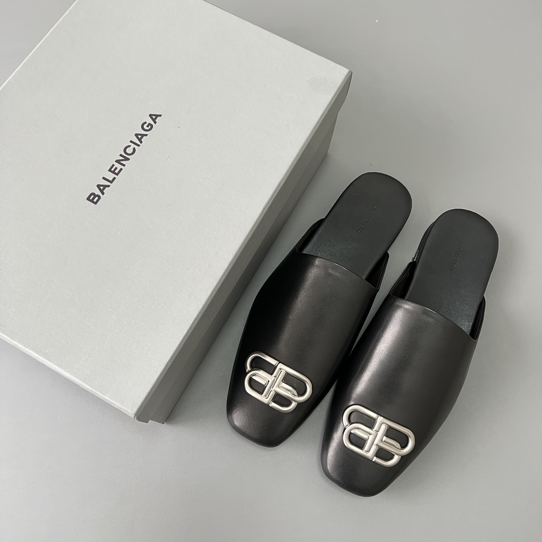 Balenciaga COSY 巴黎世家 低筒 小牛皮 平底 速干包头拖鞋 凉拖 男款 黑色 590659WA7211081