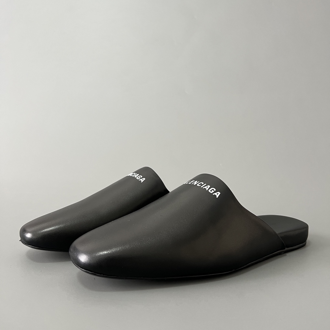 Balenciaga COSY 巴黎世家 低筒 小牛皮 平底 速干包头拖鞋 凉拖 男款 黑色白字体 636604WA72G1006