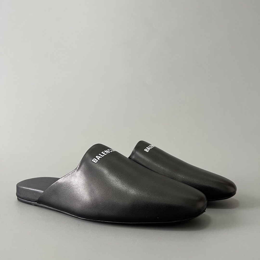 Balenciaga COSY 巴黎世家 低筒 小牛皮 平底 速干包头拖鞋 凉拖 男款 黑色白字体 636604WA72G1006