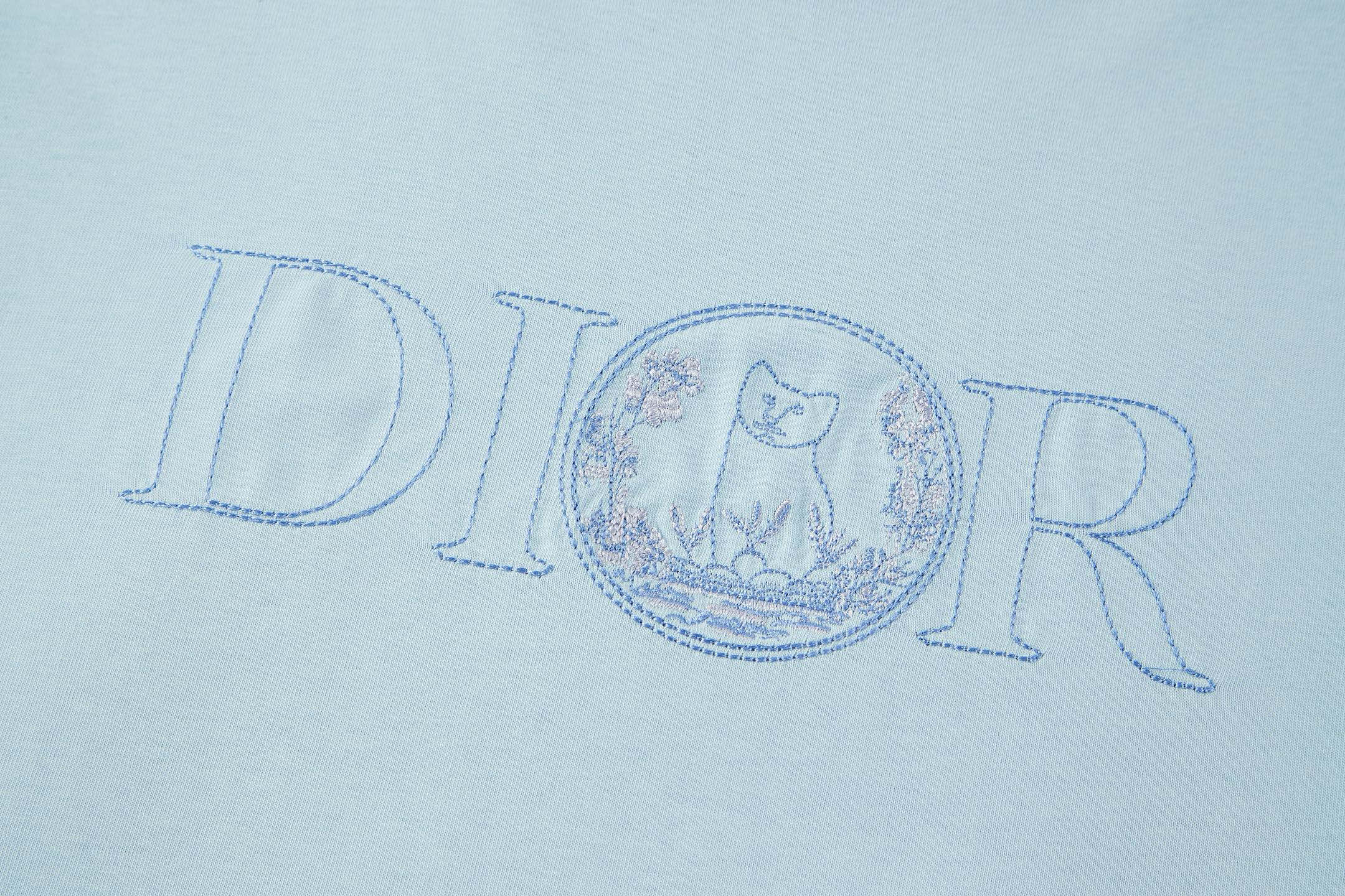  DIOR 迪奥 小蓝猫刺绣 图案短袖 圆领 T恤 夏季 白色 蓝色-15  583j696C0554-C585