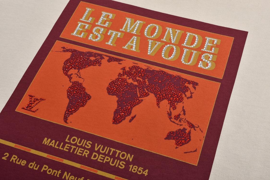 LOUIS VUITTON 路易威登 LV 世界地图烫钻  夏季T恤 男女同款  短袖 杏色-A5