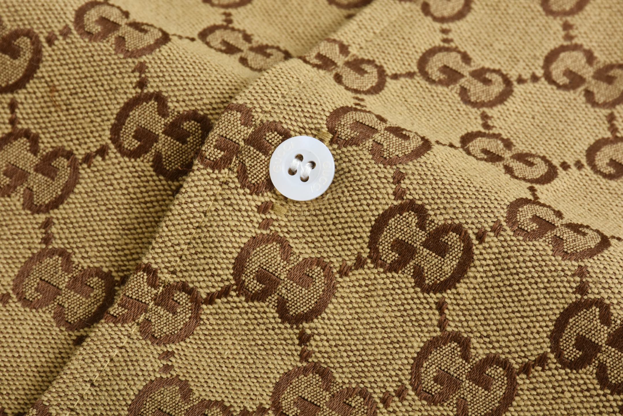 GUCCI 古驰 老花满印 翻领 单排扣 衬衫  T恤 圆领 夏季 短袖  棕色-B2  