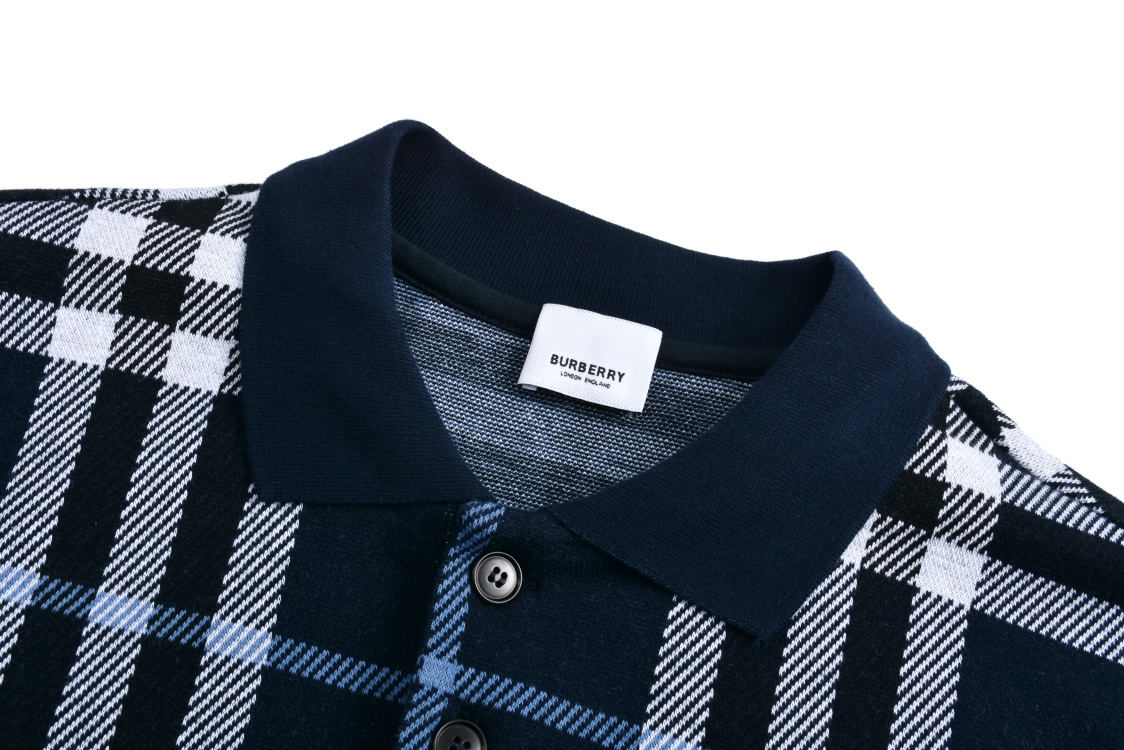  Burberry 巴宝莉蓝格纹针织polo衫   短袖 T恤 夏季蓝色-B0