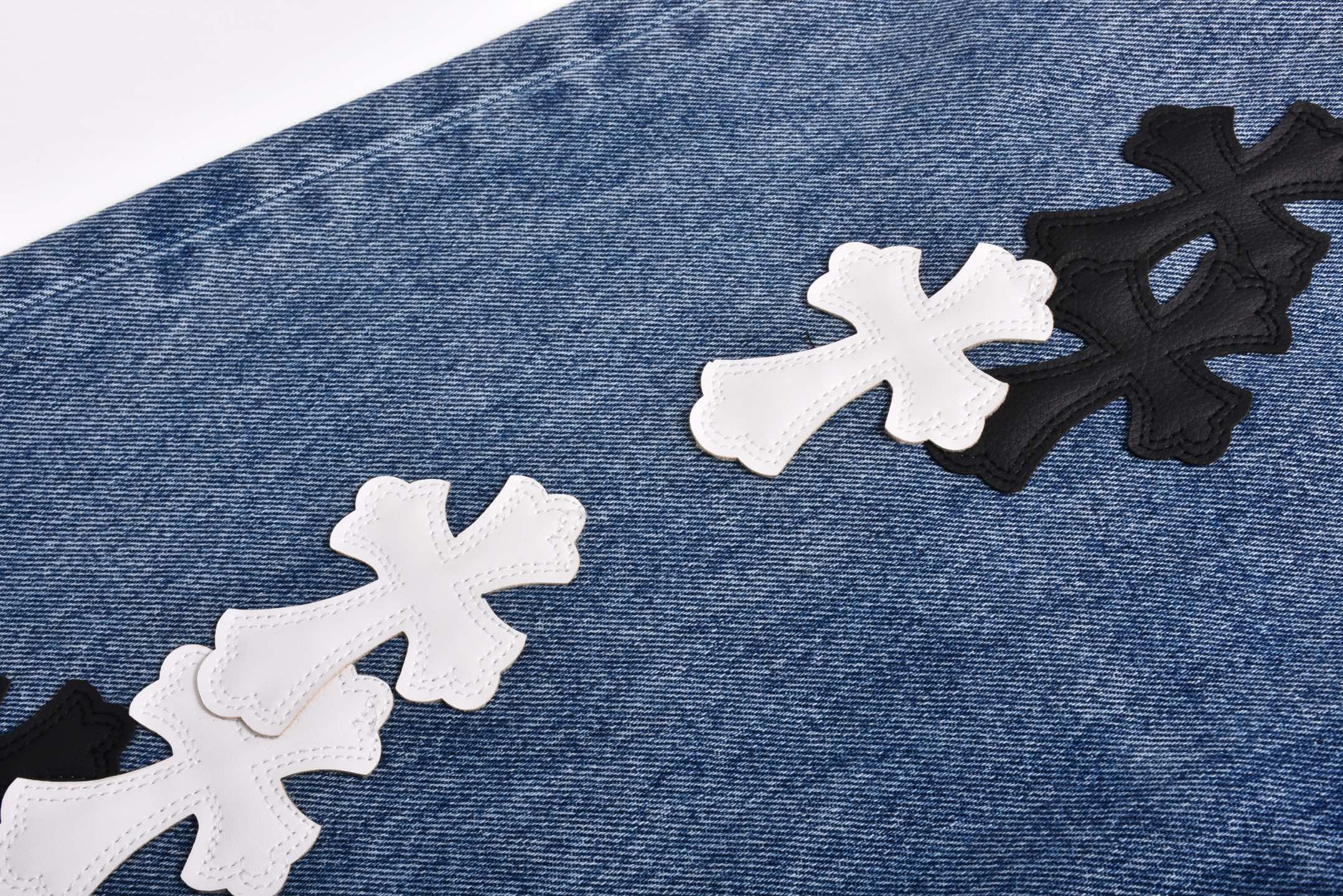 Chrome Hearts 克罗心黑白拍拼皮 牛仔裤  长裤 休闲裤  蓝色C0