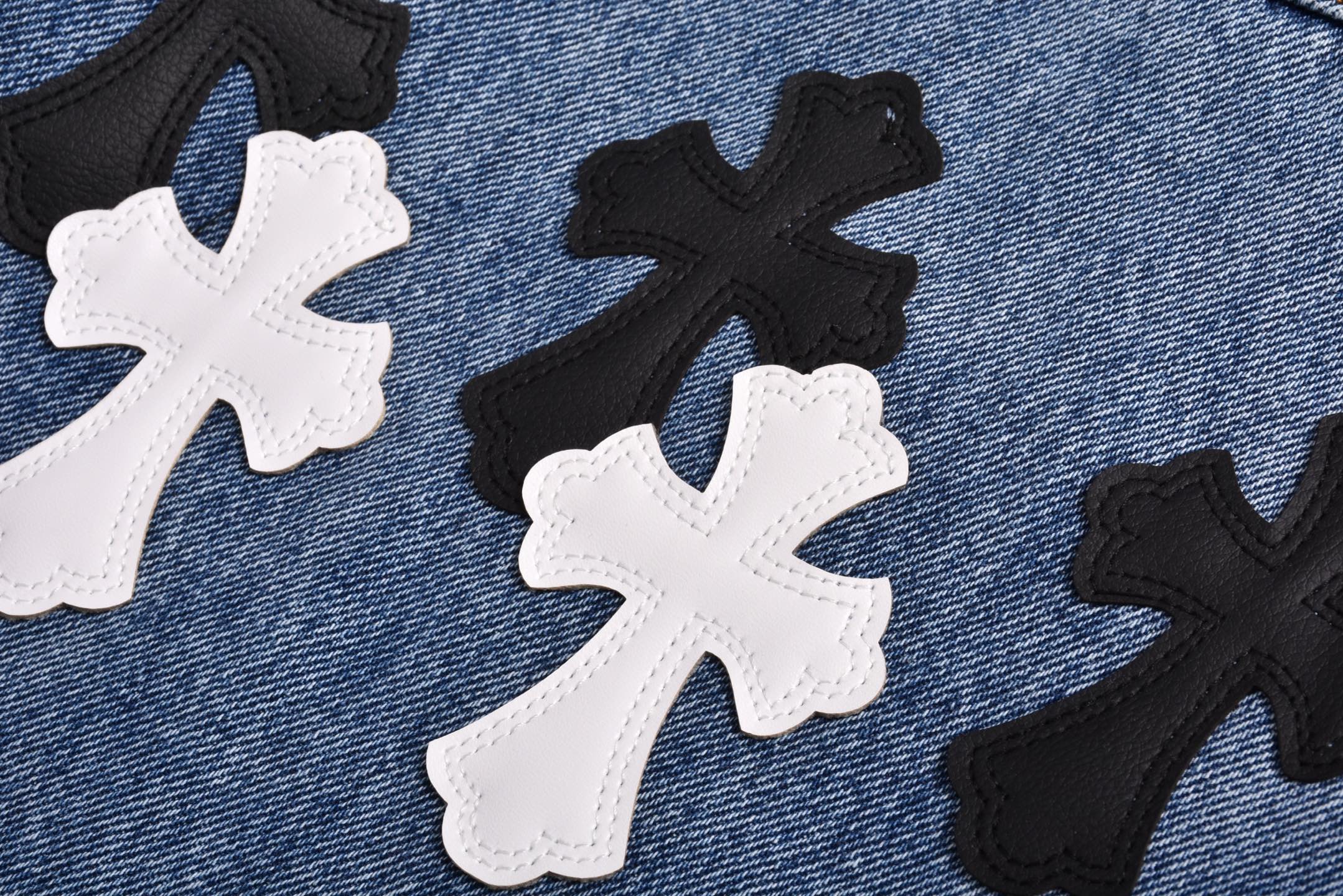 Chrome Hearts 克罗心黑白拍拼皮 牛仔裤  长裤 休闲裤  蓝色C0