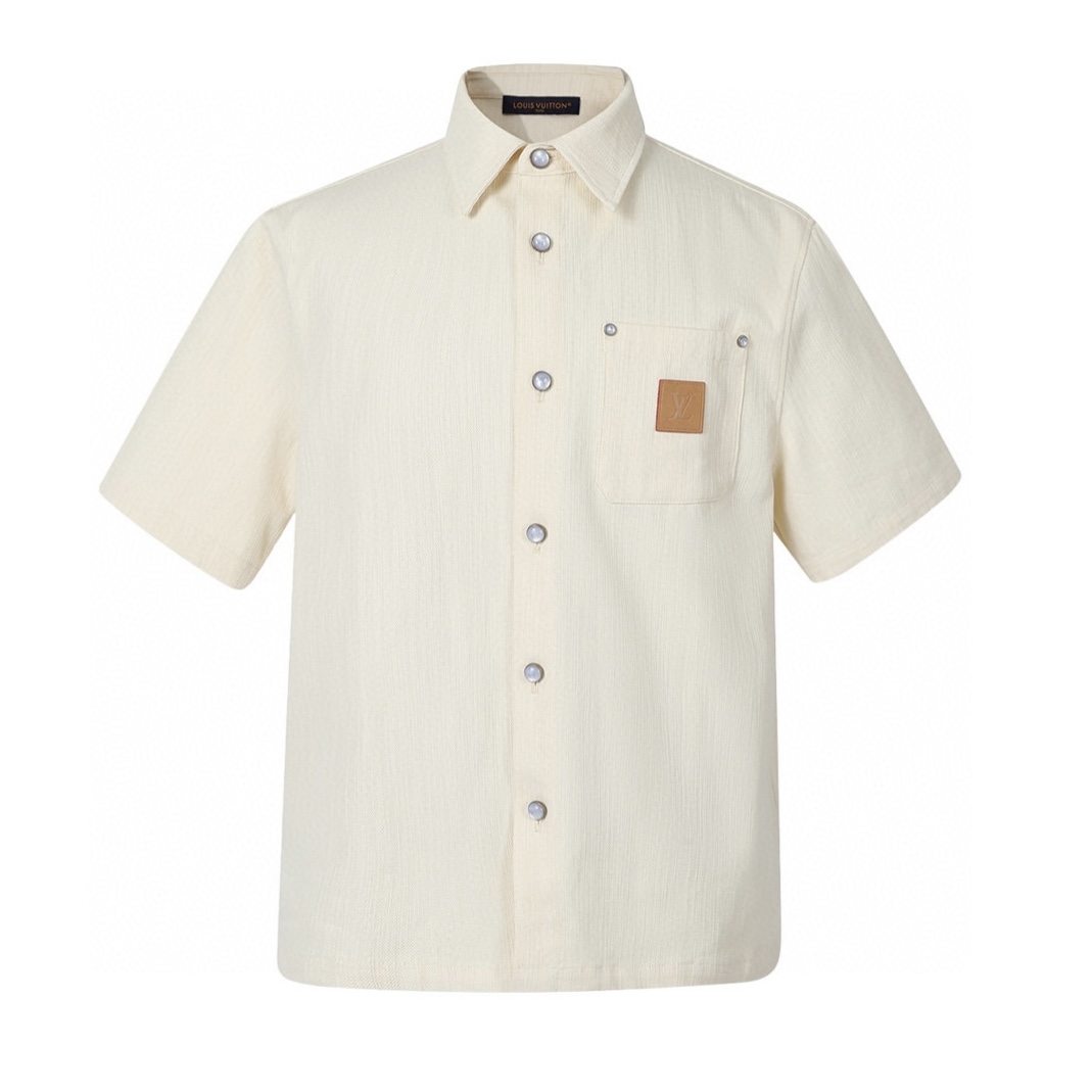 LOUIS VUITTON 路易威登 LV 皮标 桑蚕丝  短袖 牛仔衬衫 米色 1AHCHW-B0