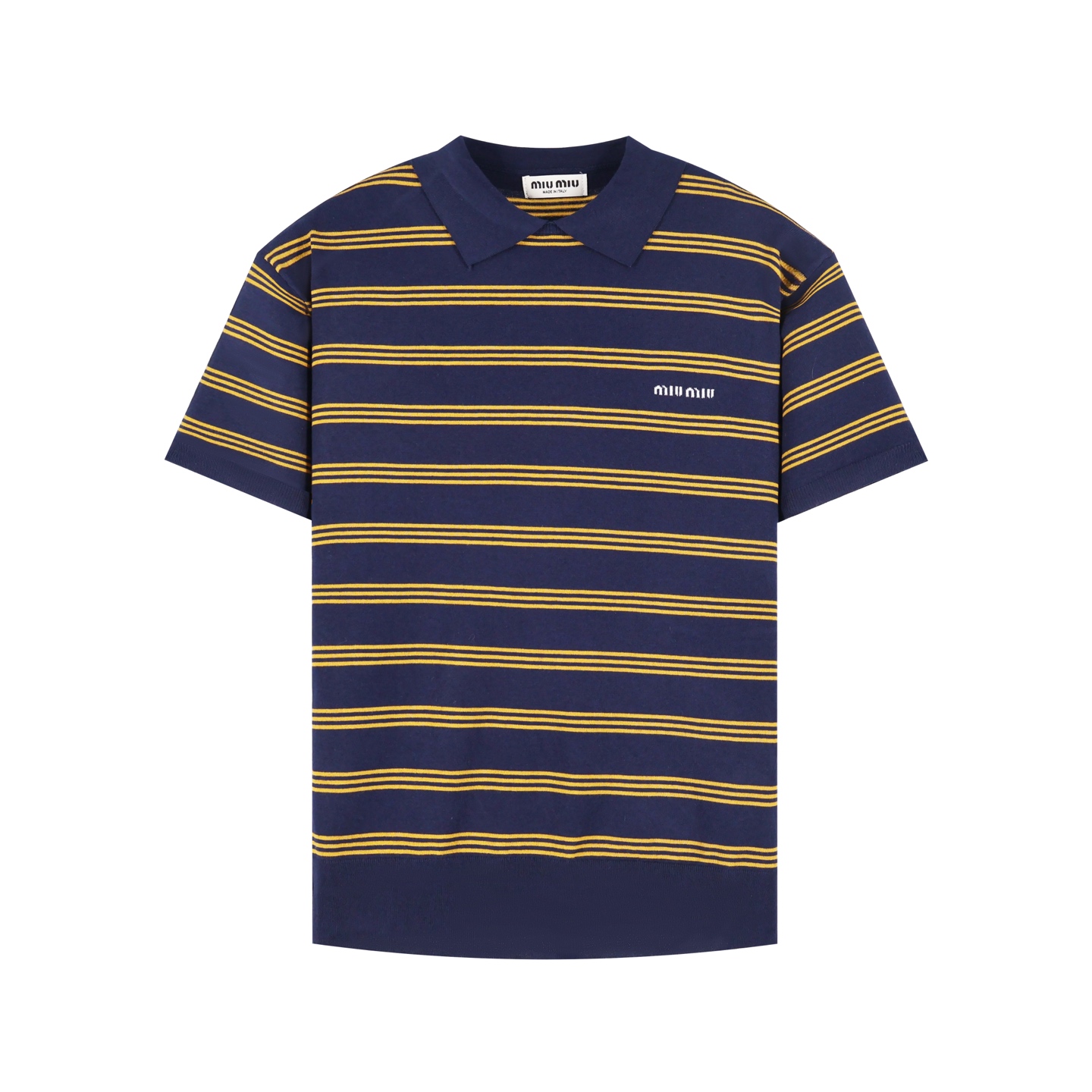 MIU MIU 毛织条纹POLO衫 圆领短袖 休闲T恤 夏季 蓝色A2
