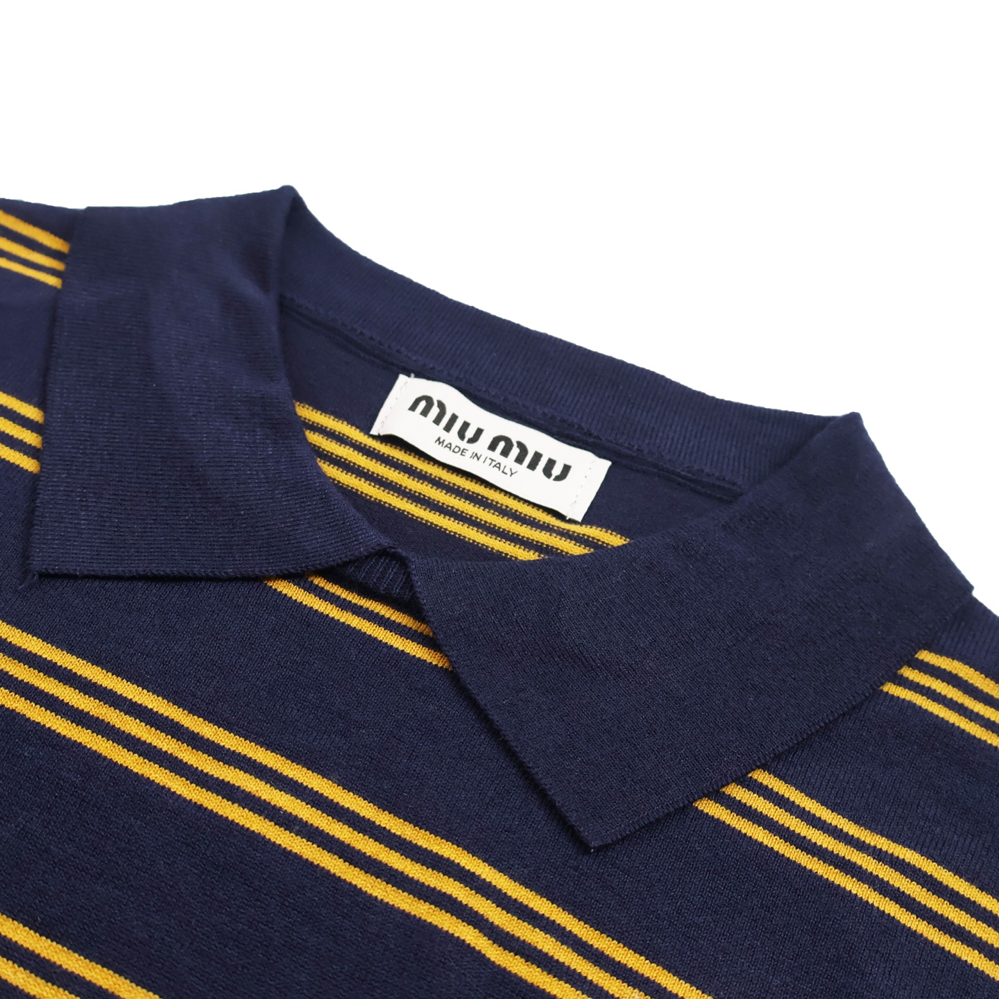 MIU MIU 毛织条纹POLO衫 圆领短袖 休闲T恤 夏季 蓝色A2