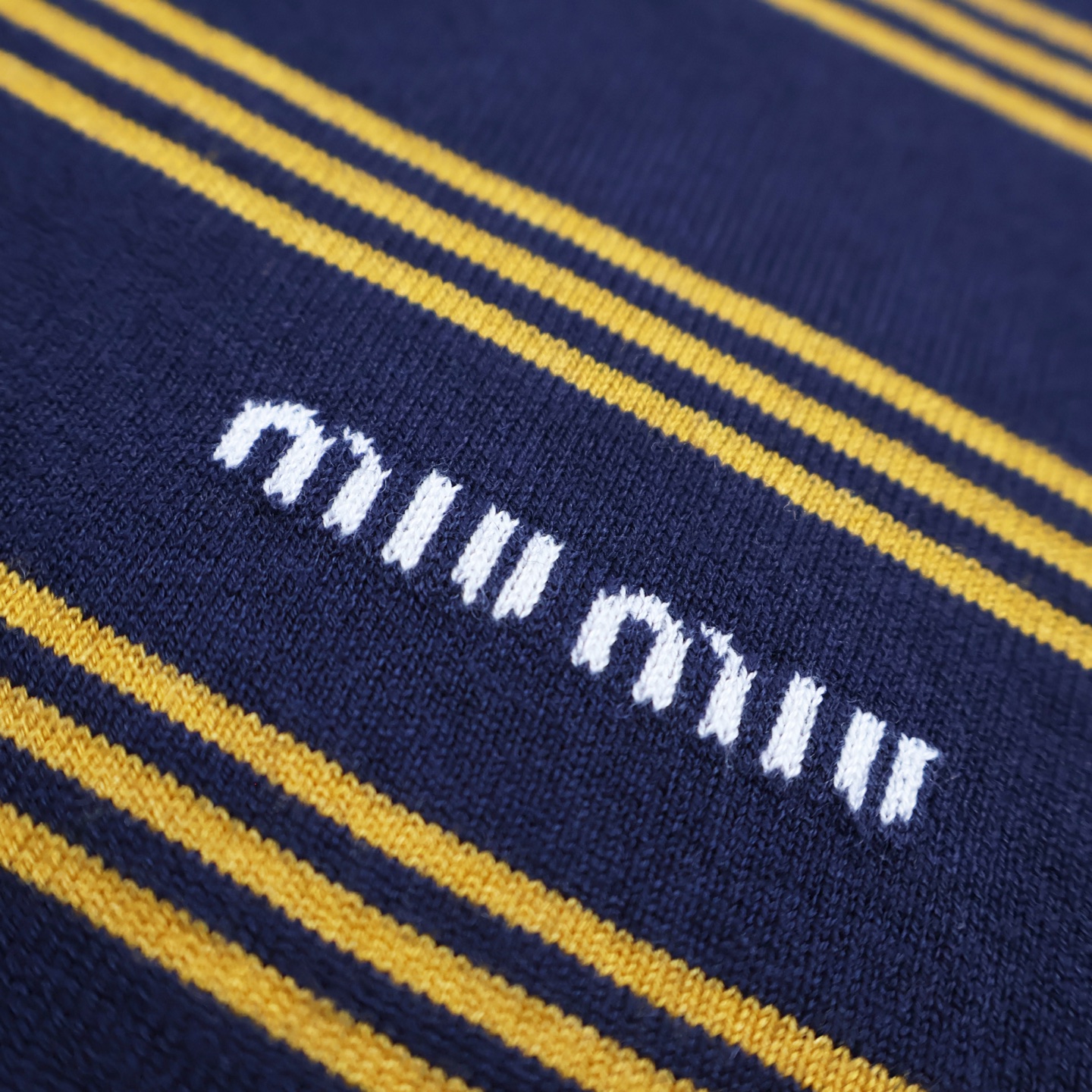 MIU MIU 毛织条纹POLO衫 圆领短袖 休闲T恤 夏季 蓝色A2